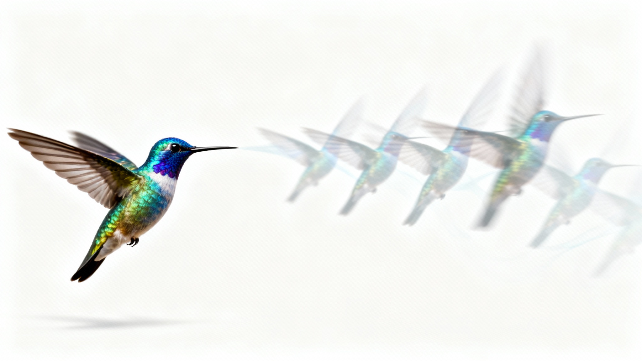 A conceptual image illustrating the transformation of a static image into a video. A sharp, detailed hummingbird on the left transitions into a motion-blurred trail of after-images on the right, set against a plain white background.