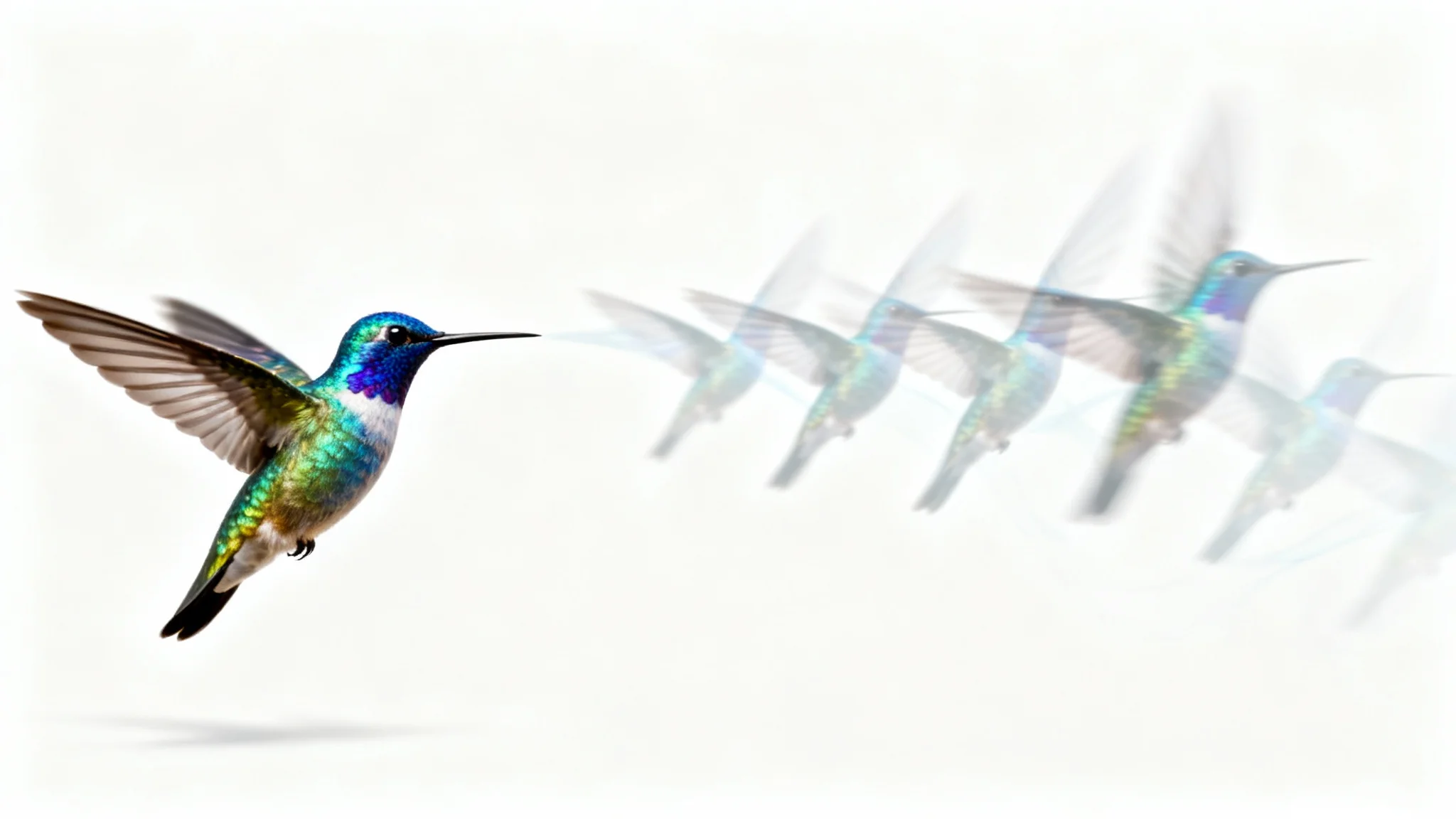 A conceptual image illustrating the transformation of a static image into a video. A sharp, detailed hummingbird on the left transitions into a motion-blurred trail of after-images on the right, set against a plain white background.