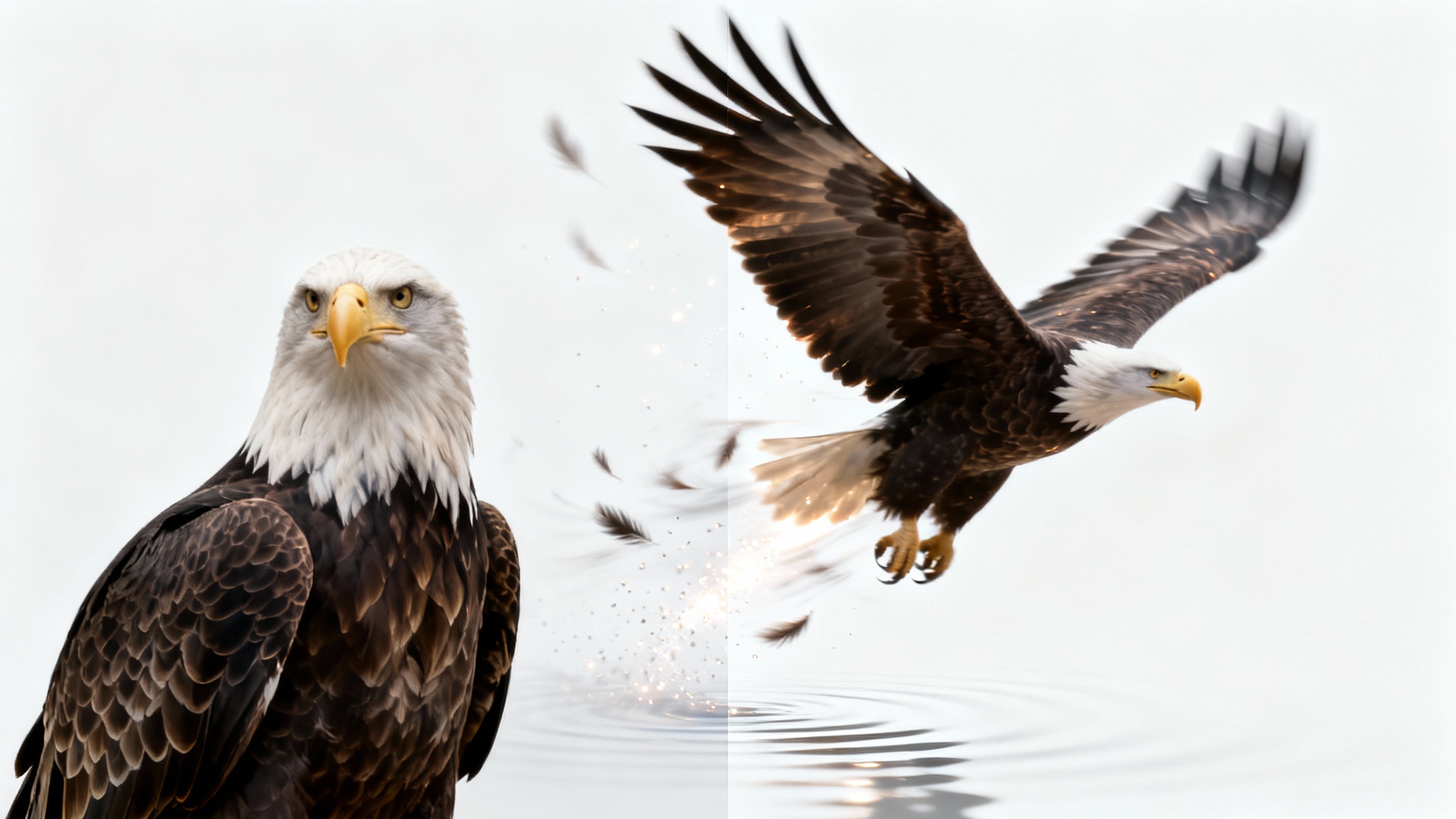 A conceptual image demonstrating the conversion of an image to a video. On the left, a still photo of an eagle, and on the right, the eagle is flying out of the frame with motion effects.