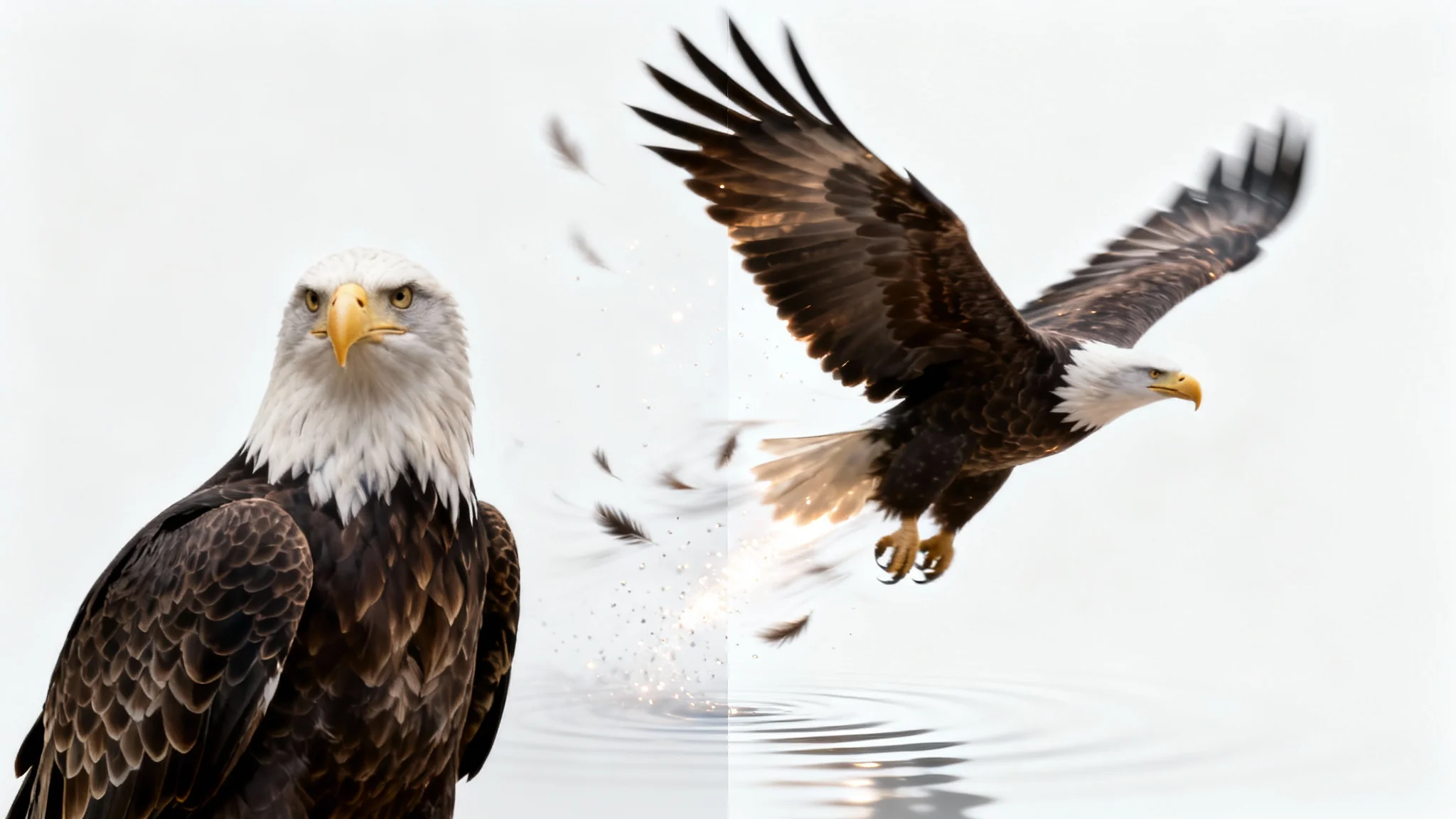 A conceptual image demonstrating the conversion of an image to a video. On the left, a still photo of an eagle, and on the right, the eagle is flying out of the frame with motion effects.