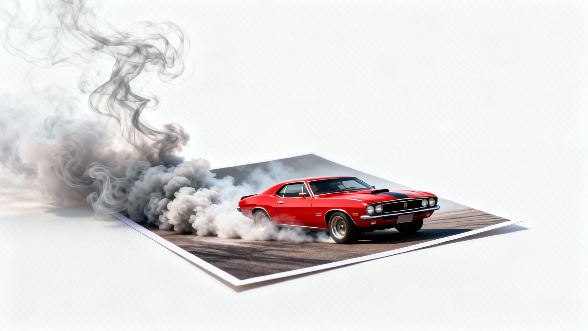 A conceptual image of a photo of a red car transforming into a video, with realistic smoke billowing out from the photo's wheels against a clean white background.