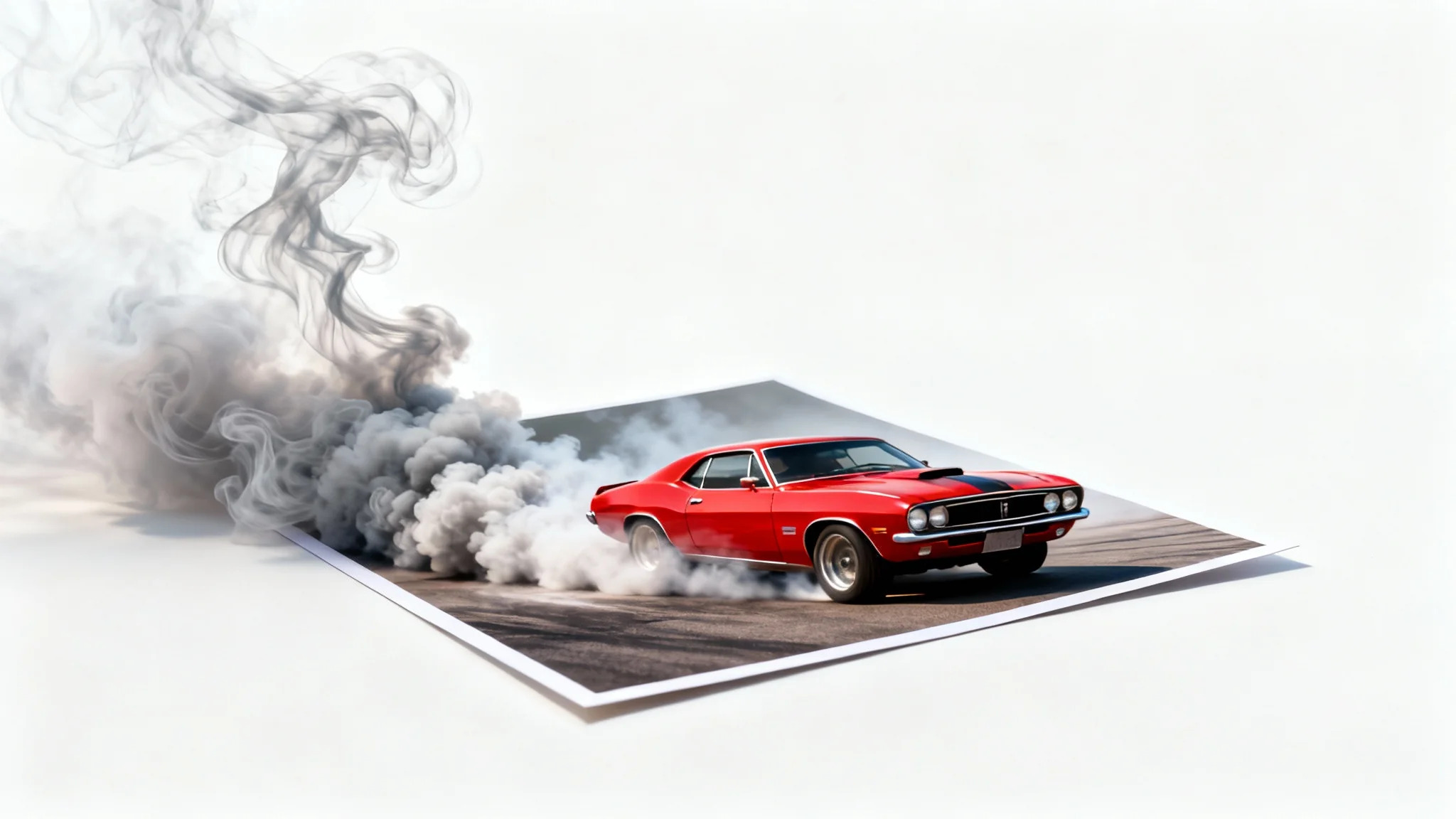 A conceptual image of a photo of a red car transforming into a video, with realistic smoke billowing out from the photo's wheels against a clean white background.
