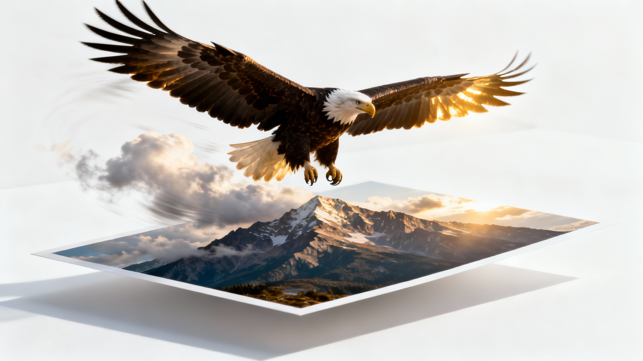 A conceptual image illustrating image-to-video conversion, where a static photo of an eagle over mountains transforms into a dynamic video with the eagle in motion, set against a white background.
