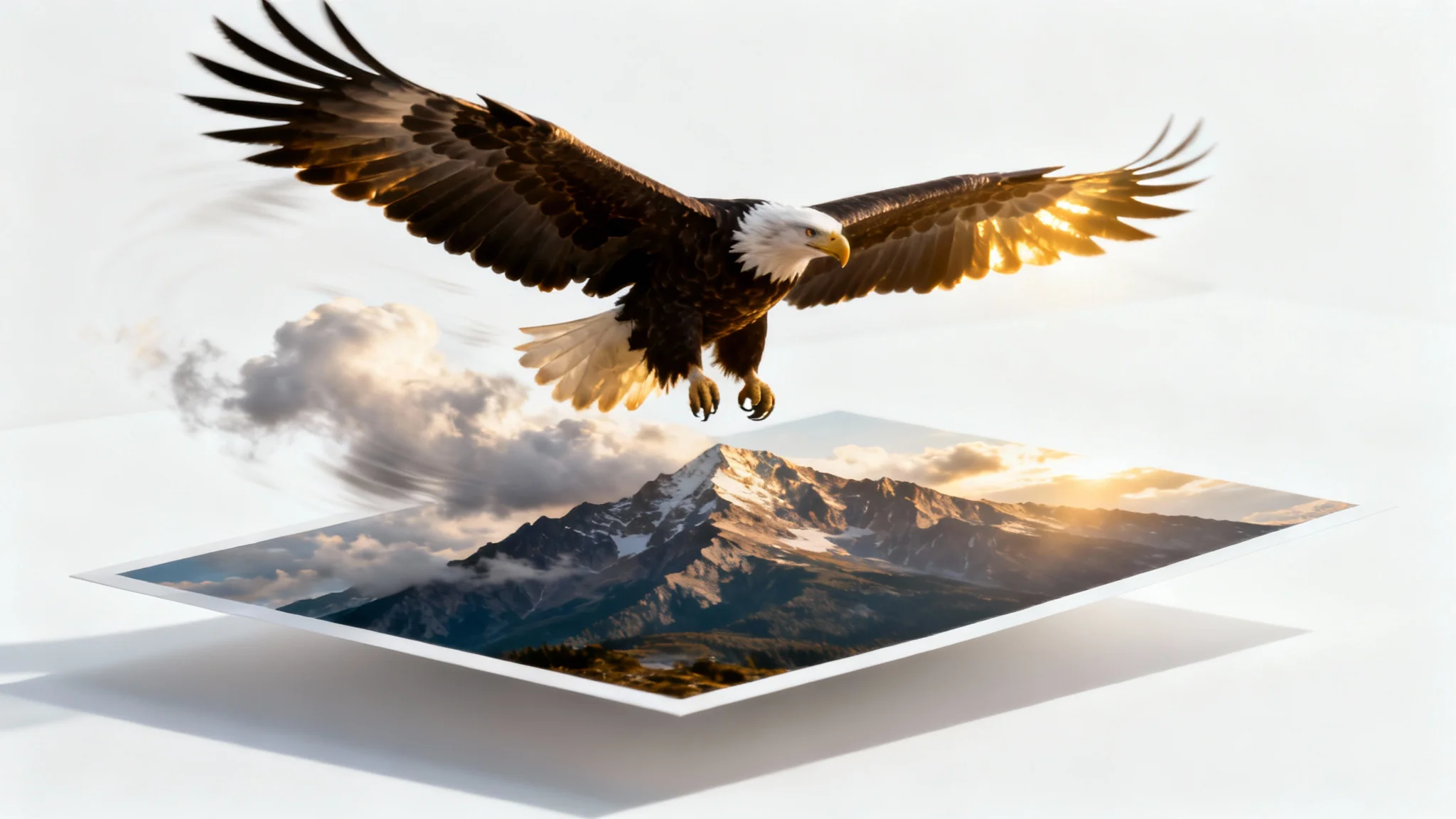 A conceptual image illustrating image-to-video conversion, where a static photo of an eagle over mountains transforms into a dynamic video with the eagle in motion, set against a white background.
