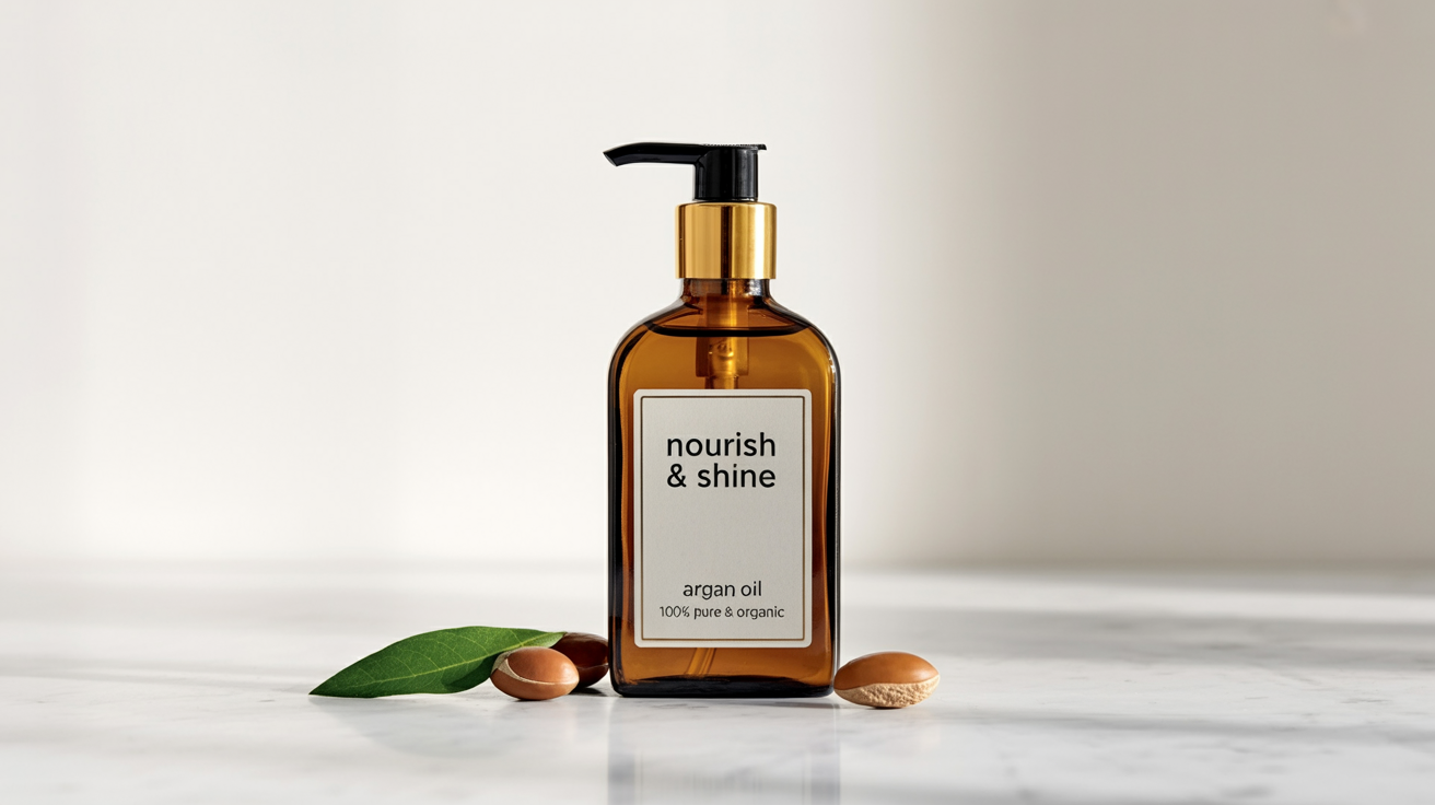 A professionally photographed amber glass bottle of 'Nourish & Shine Argan Oil' with a gold pump, set against a clean white background. The bottle features a minimalist, elegant label and is placed next to an argan nut, showcasing a luxury hair care product design.