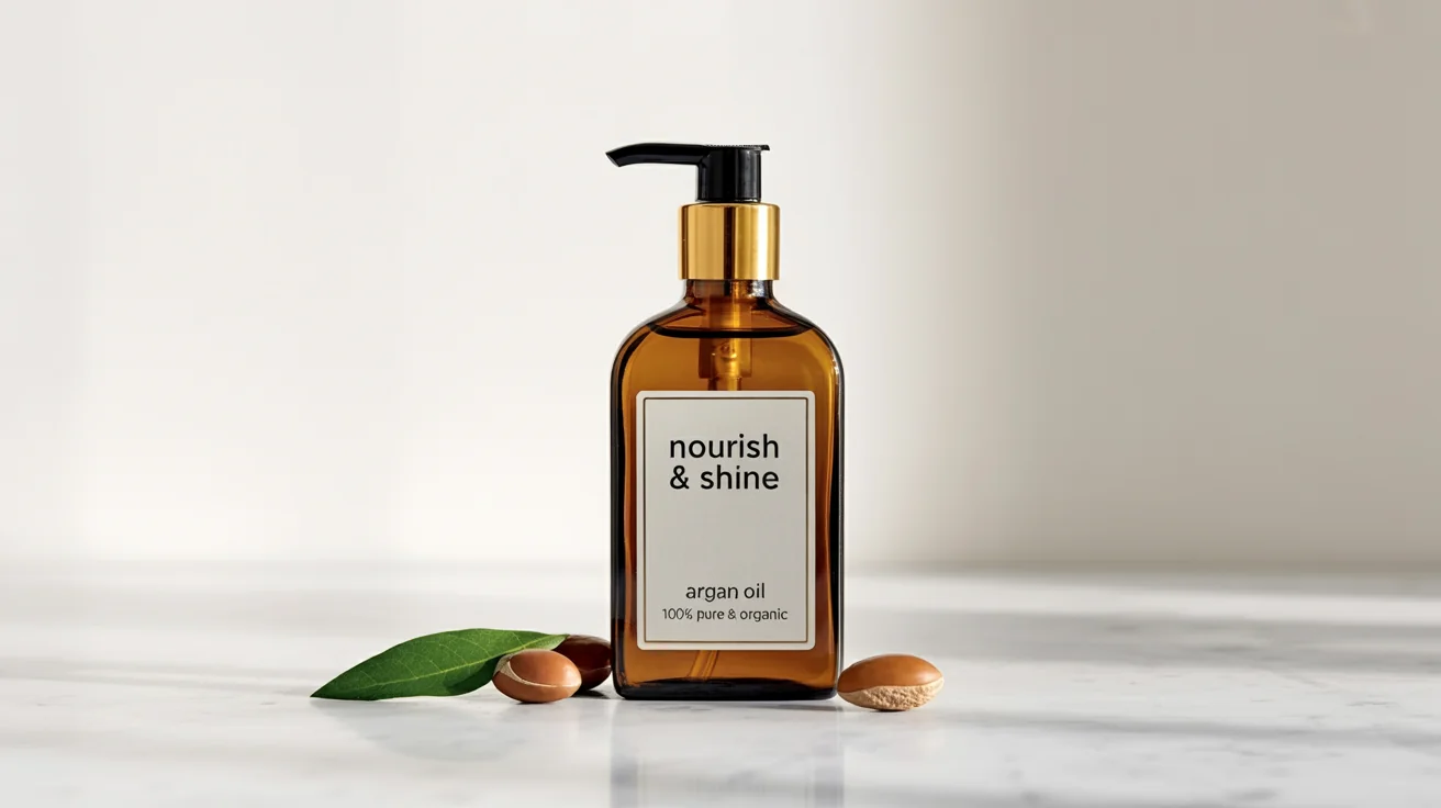 A professionally photographed amber glass bottle of 'Nourish & Shine Argan Oil' with a gold pump, set against a clean white background. The bottle features a minimalist, elegant label and is placed next to an argan nut, showcasing a luxury hair care product design.
