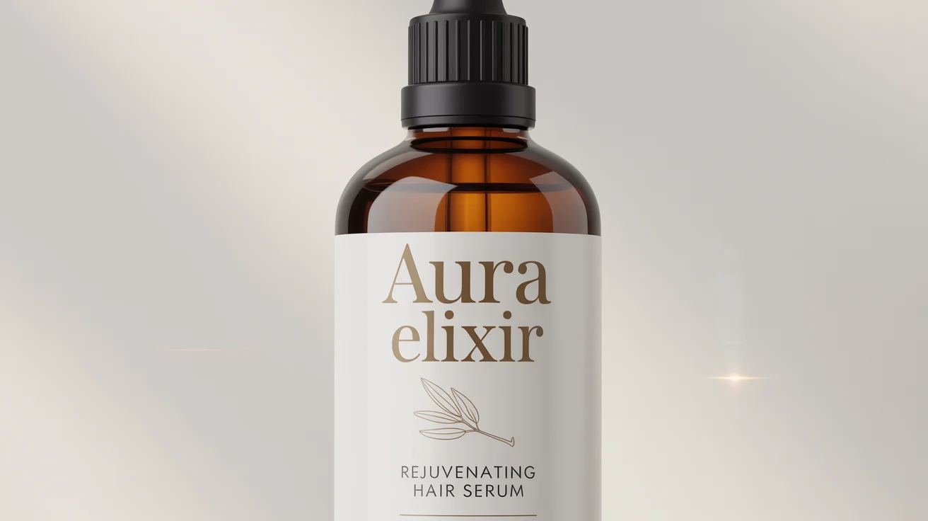 A professional product shot of a luxury hair oil in an amber glass bottle with a dropper, shown against a clean white background. The label clearly displays the brand name 'AURA ELIXIR' and the title 'REJUVENATING HAIR SERUM'.