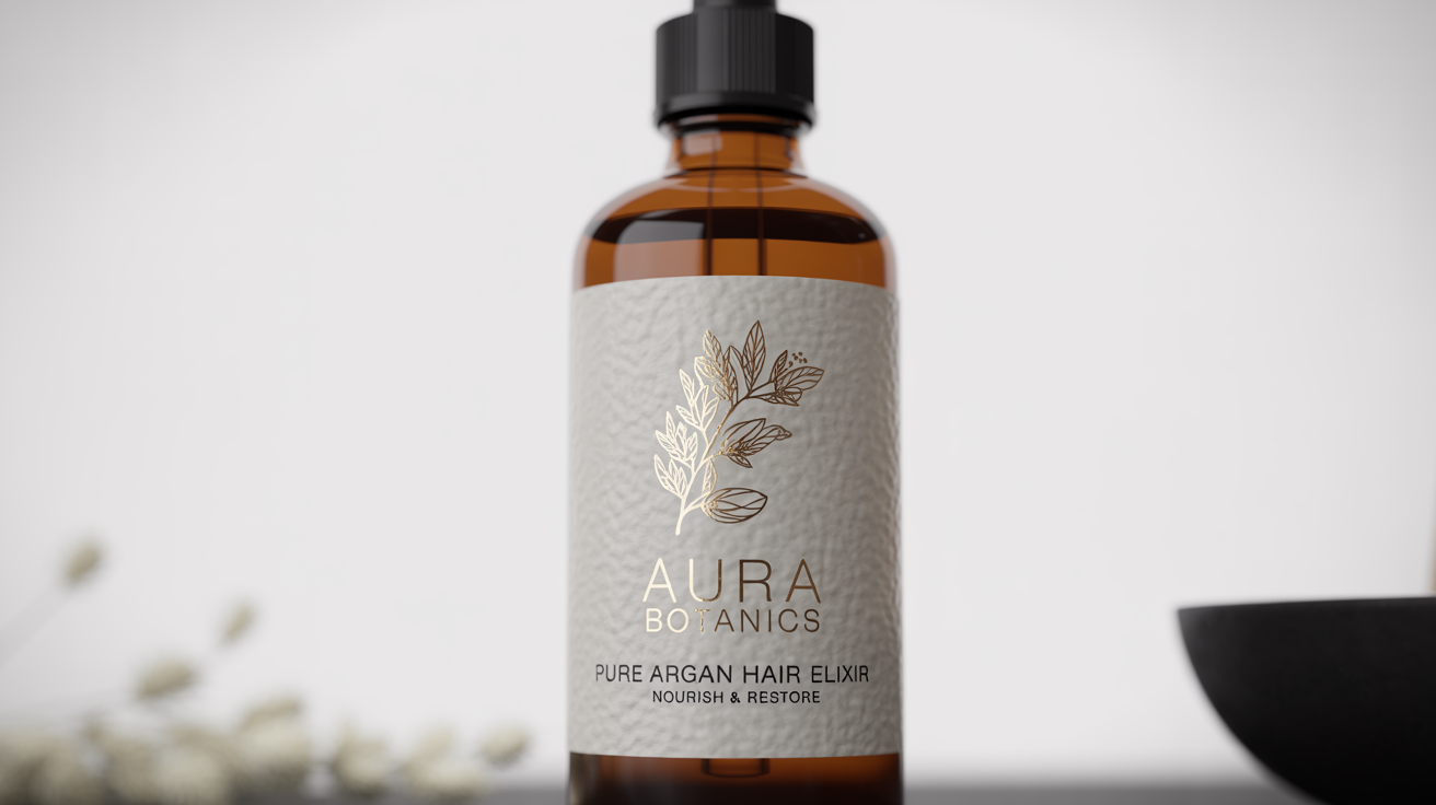 A photorealistic mockup of a premium hair oil label on an amber glass bottle against a white background. The label reads 'AURA BOTANICS PURE ARGAN HAIR ELIXIR'.