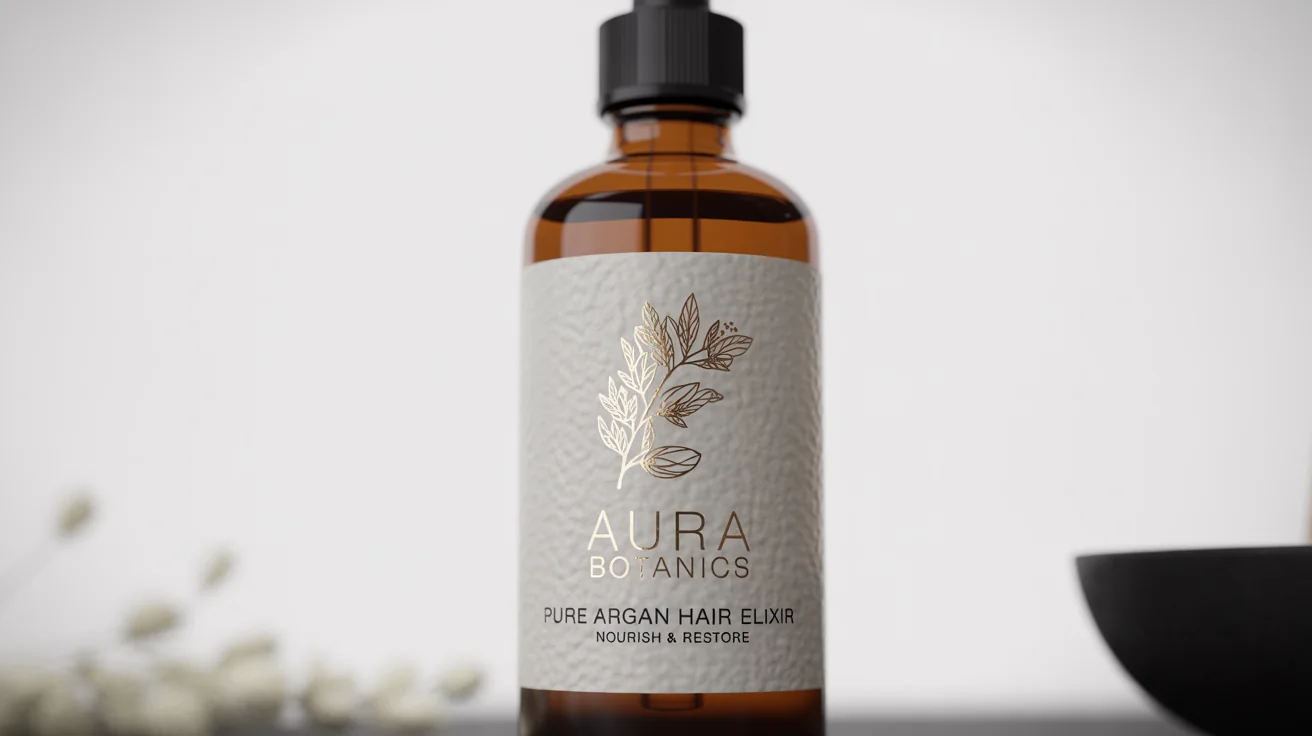 A photorealistic mockup of a premium hair oil label on an amber glass bottle against a white background. The label reads 'AURA BOTANICS PURE ARGAN HAIR ELIXIR'.