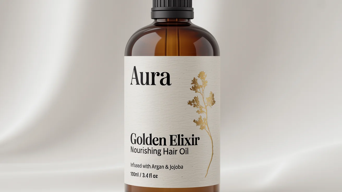 A professional product photograph of a luxurious amber glass bottle of 'AURA Golden Elixir' hair oil, featuring a clean, elegant label design against a solid white background.