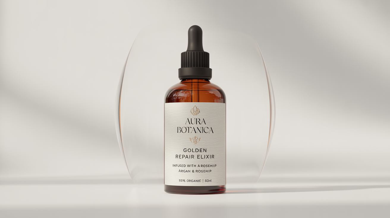 A luxurious amber glass bottle of AURA BOTANICA Golden Repair Elixir hair oil, shown against a clean white background.