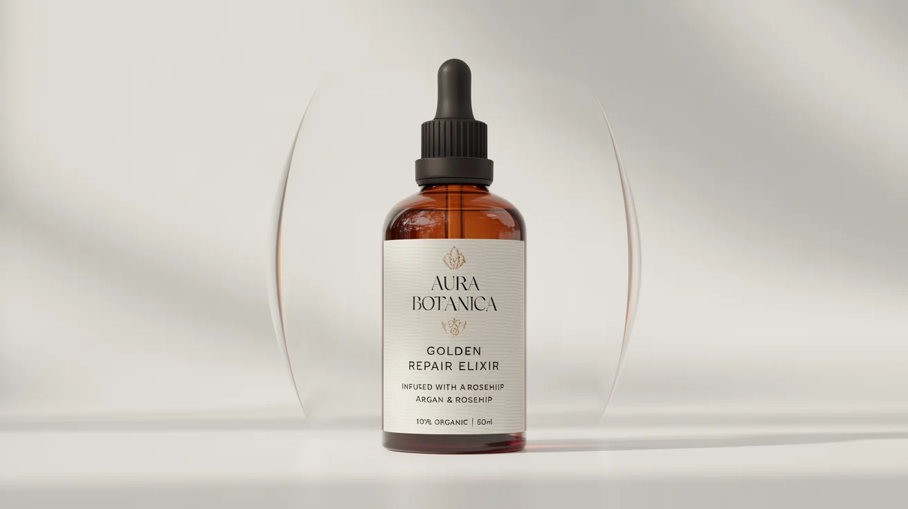 A luxurious amber glass bottle of AURA BOTANICA Golden Repair Elixir hair oil, shown against a clean white background.