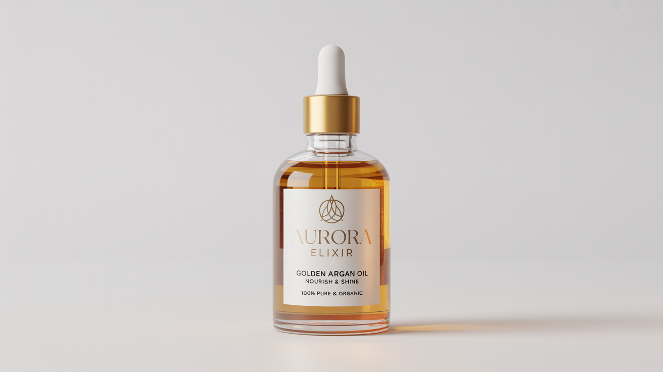 A studio-lit mockup of a luxurious glass bottle of hair oil with a gold dropper, featuring an elegant label that reads 'AURORA ELIXIR Golden Argan Oil', set against a plain white background.