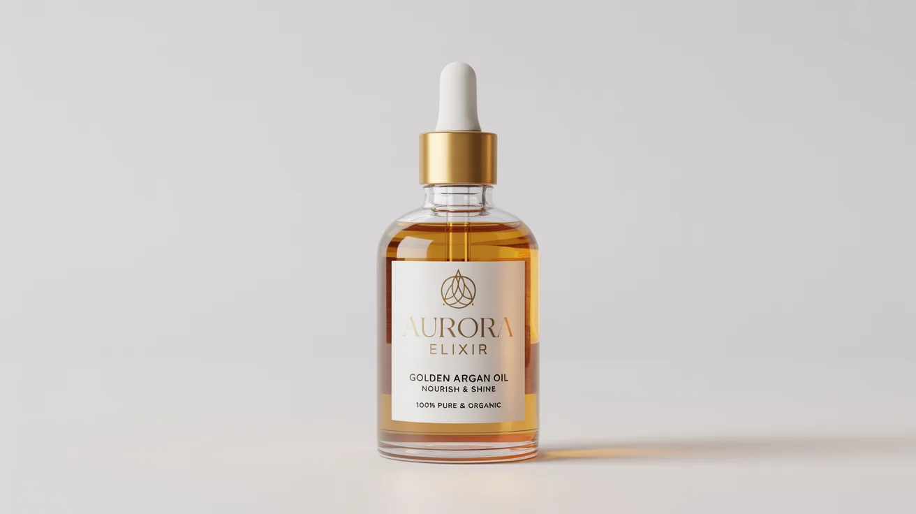 A studio-lit mockup of a luxurious glass bottle of hair oil with a gold dropper, featuring an elegant label that reads 'AURORA ELIXIR Golden Argan Oil', set against a plain white background.