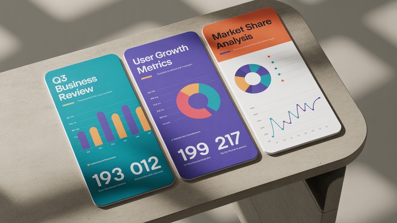 Three professionally designed data visualization slides arranged on a light gray background, showing examples of bar charts, donut charts, and line graphs with titles like 'Q3 Business Review' and 'User Growth Metrics'.