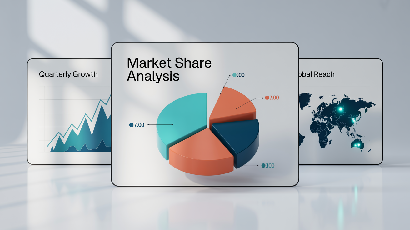A professional mockup of three data visualization slides on a white background, showing a pie chart, a line graph, and a world map with data points.