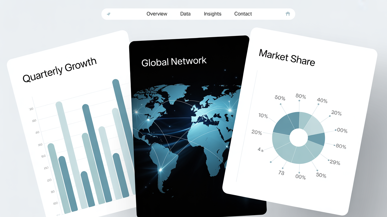 A professional mockup of three data visualization slides on a white background. The slides, featuring a bar chart, a global network map, and a donut chart, are arranged in an elegant, overlapping fan display.