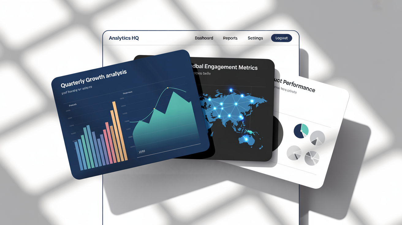 A mockup of three professionally designed data visualization slides on a white background, featuring bar charts, a world map, and donut charts with titles like 'Quarterly Growth Analysis'.
