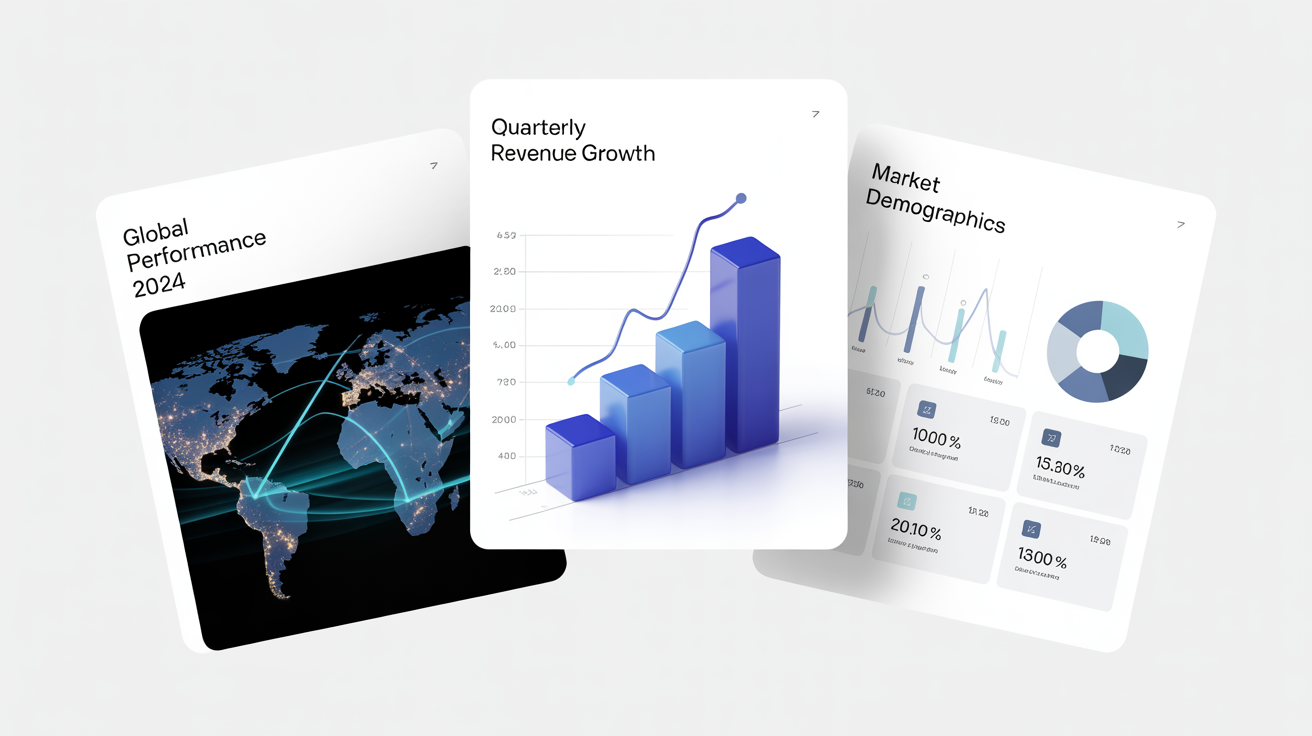 A mockup of three modern data visualization slides on a white background, showing a world map with data points, a bar chart, and a donut chart with KPI widgets.