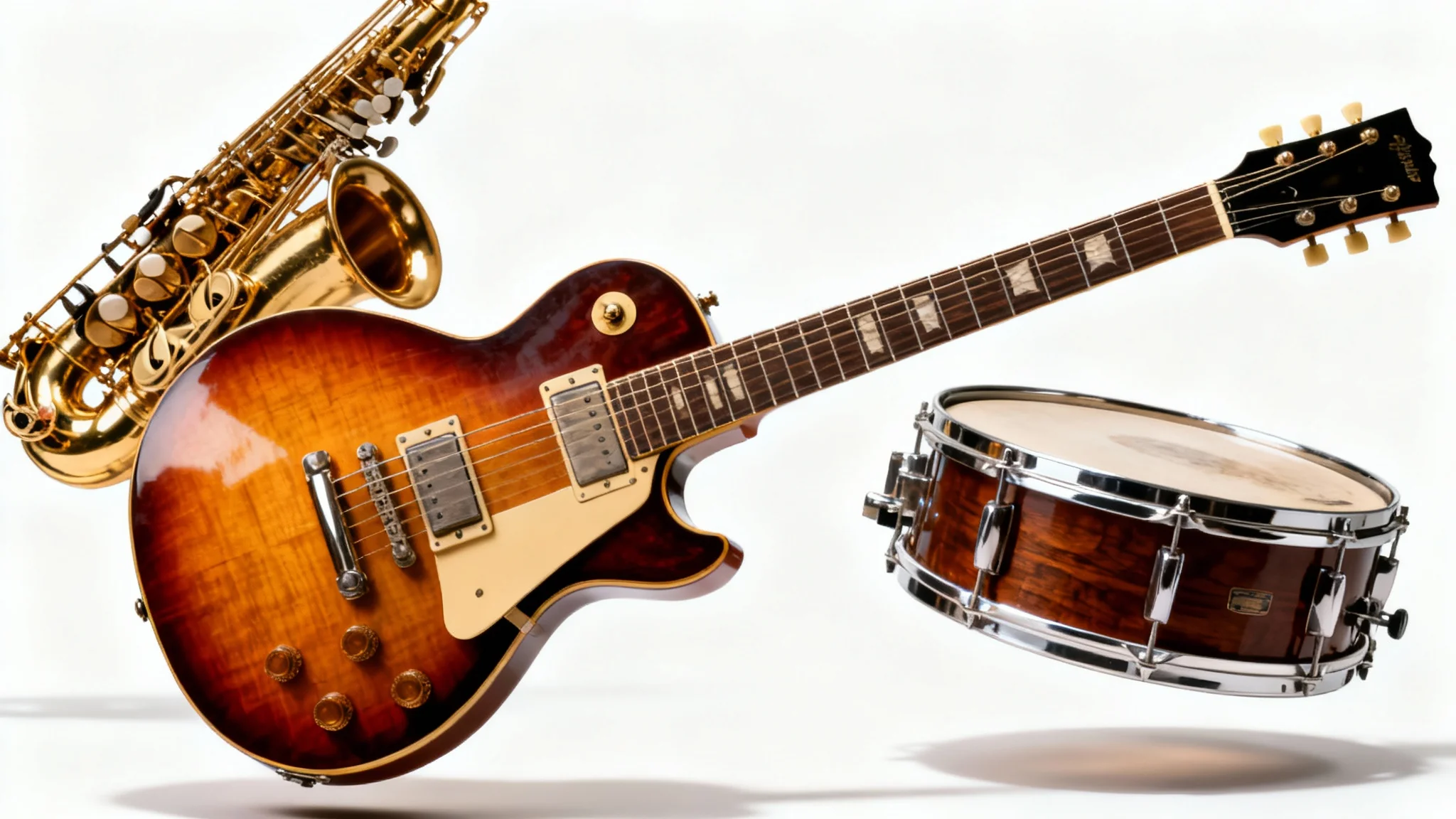 A collection of musical instruments, including an electric guitar, a saxophone, and a drum, perfectly isolated and arranged against a clean white background, representing a finished design.