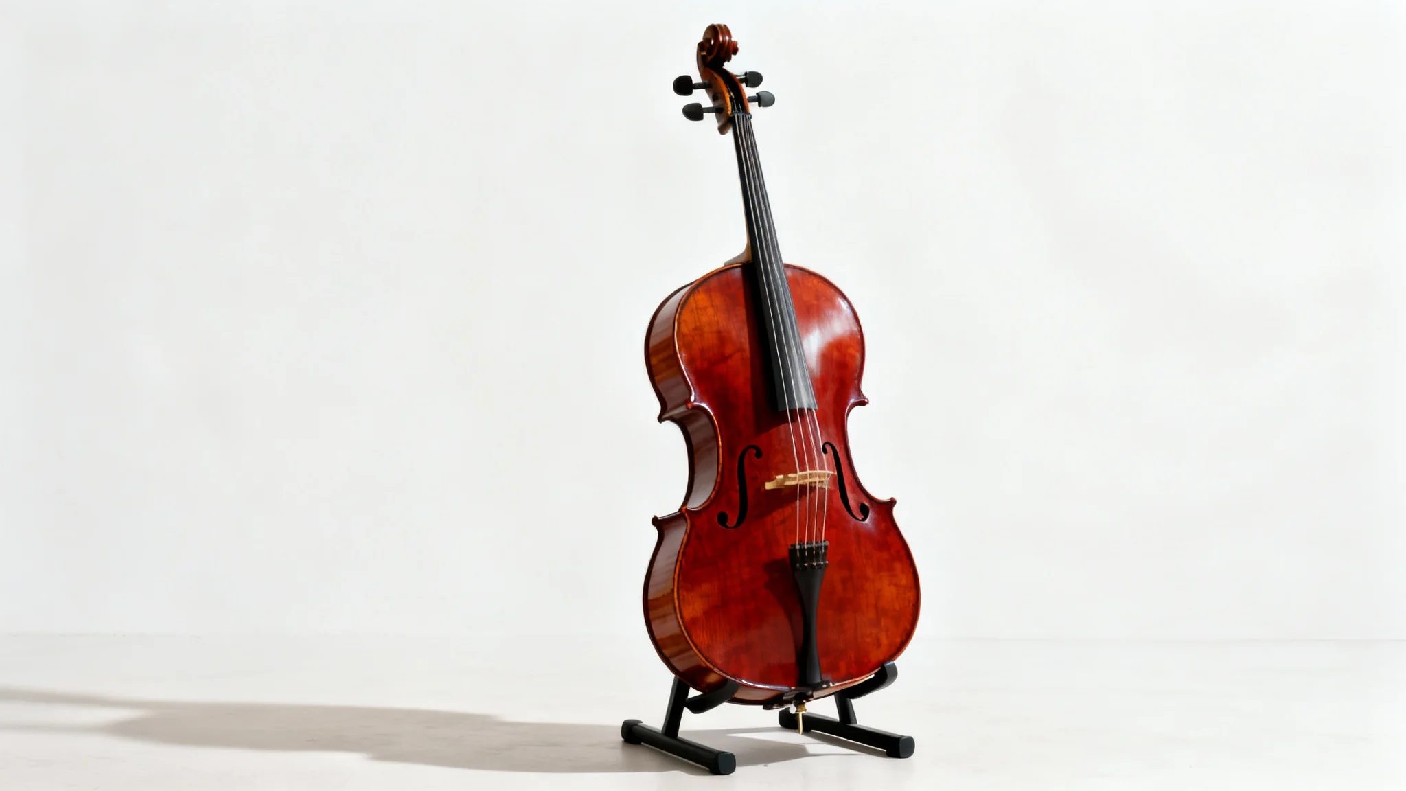 A professional studio photograph of an elegant, polished wood cello standing upright against a pure white background, showcasing its craftsmanship and detail.