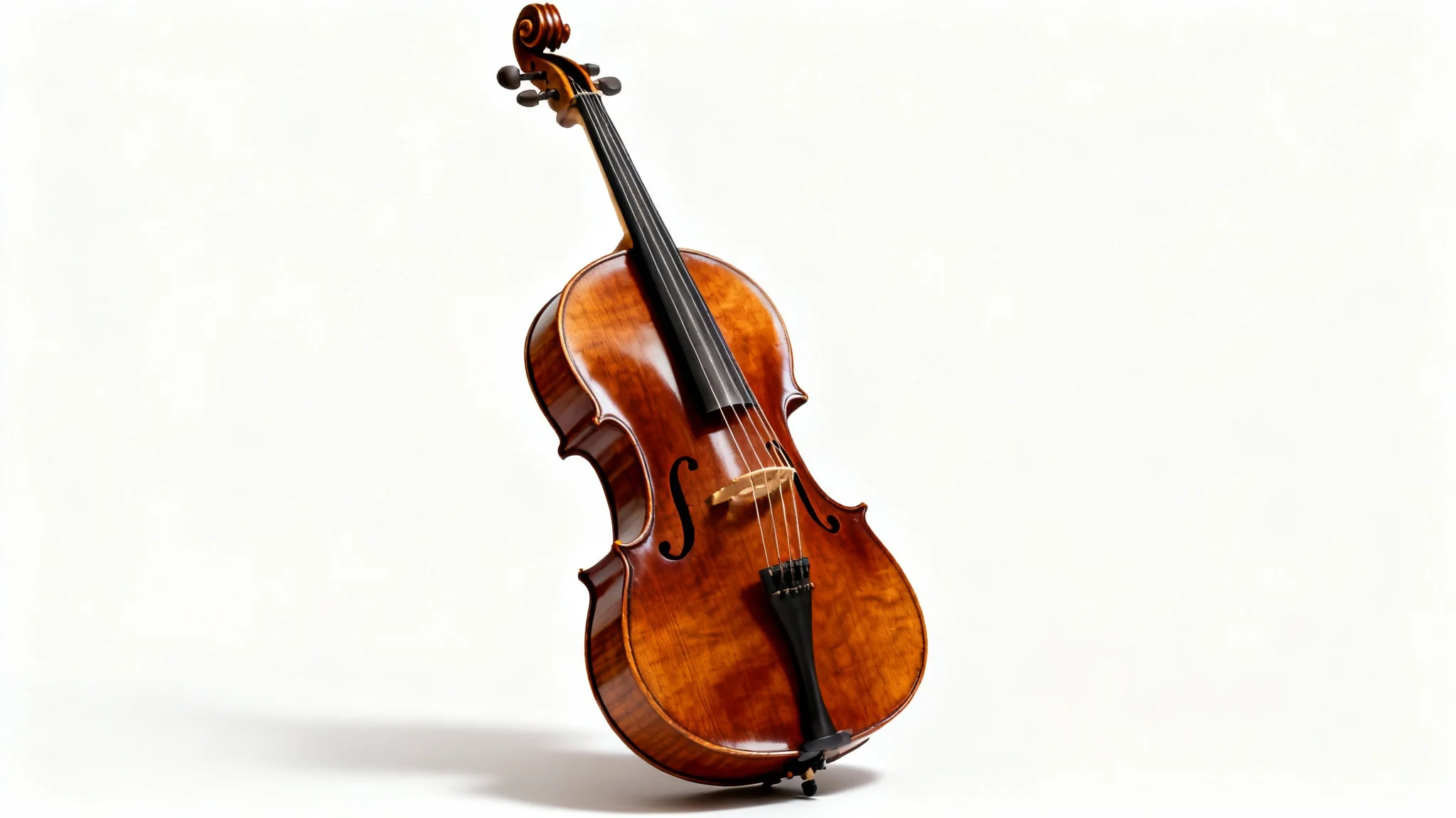 A photorealistic image of a classic wooden cello with a glossy finish, standing upright against a pure white background, showcasing its elegant design and craftsmanship.