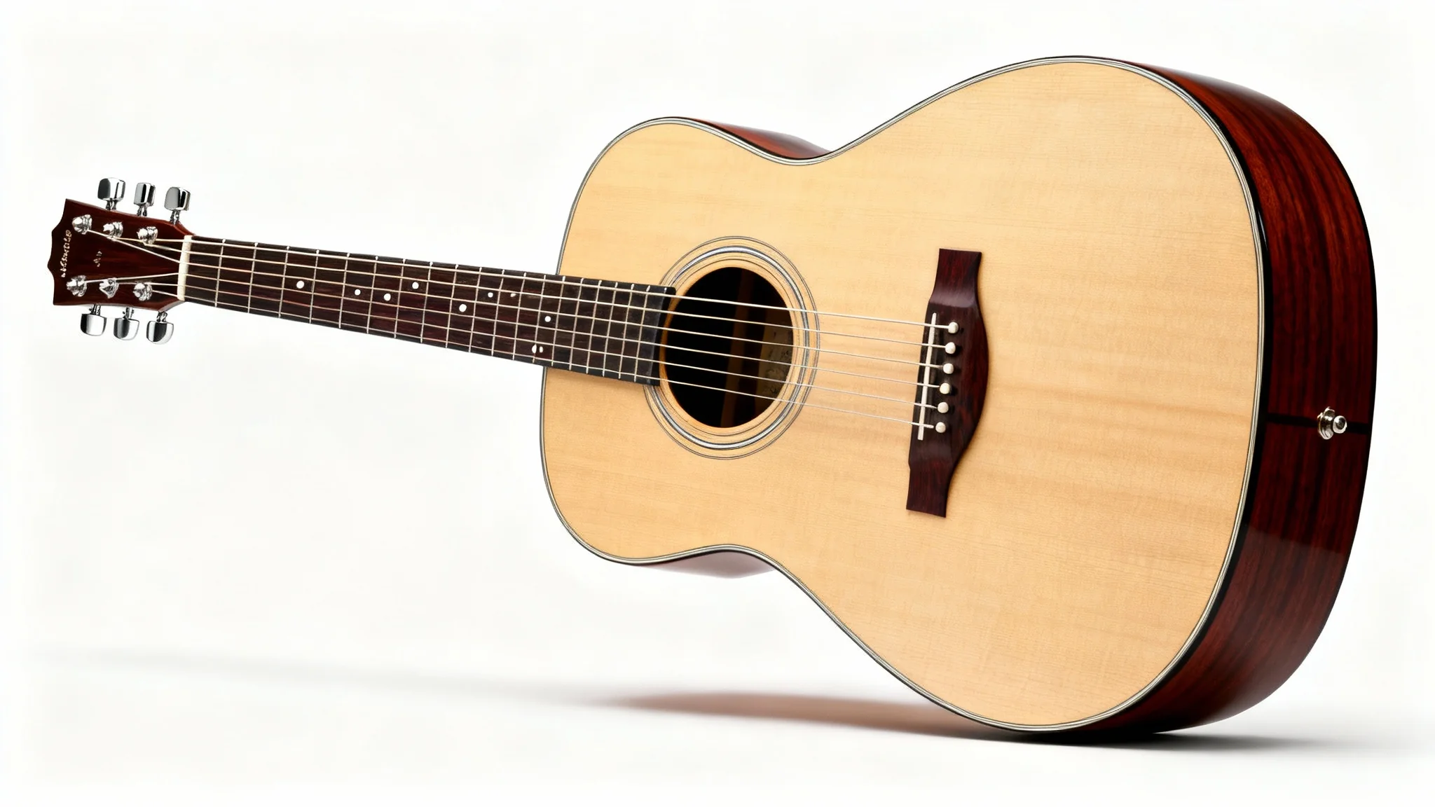 A detailed, professional studio photograph of a classic acoustic guitar with a spruce top and mahogany sides, presented against a clean white background.