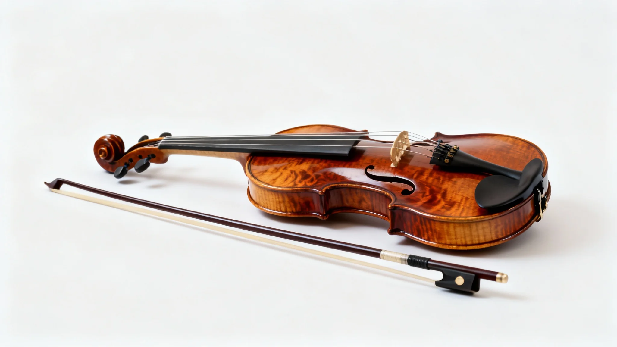 A photorealistic image of a classic wooden violin and bow lying on a clean white background, showcasing the instrument's fine craftsmanship.