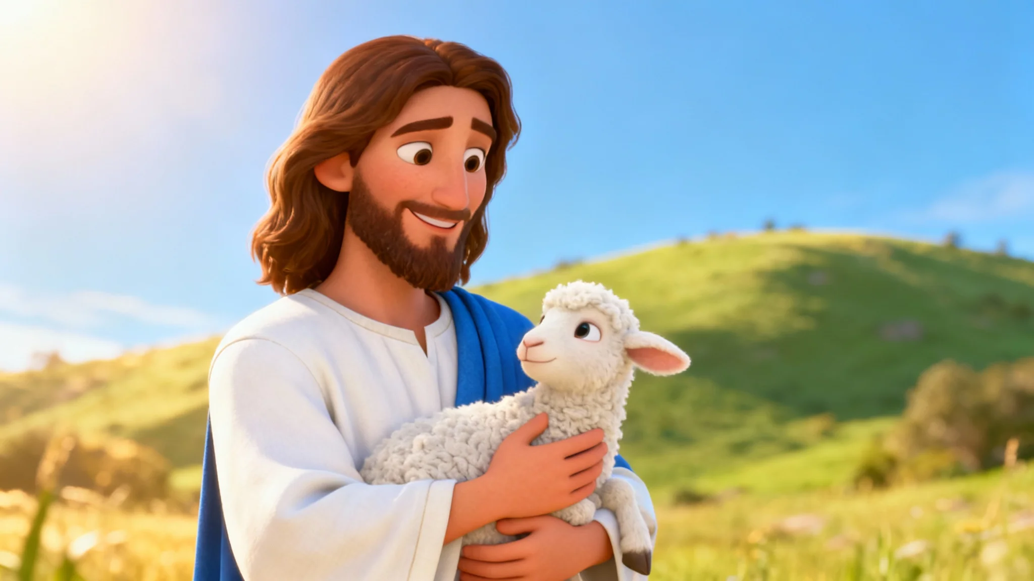 A friendly cartoon drawing of Jesus with a kind smile, holding a small white lamb in a sunny, outdoor setting.
