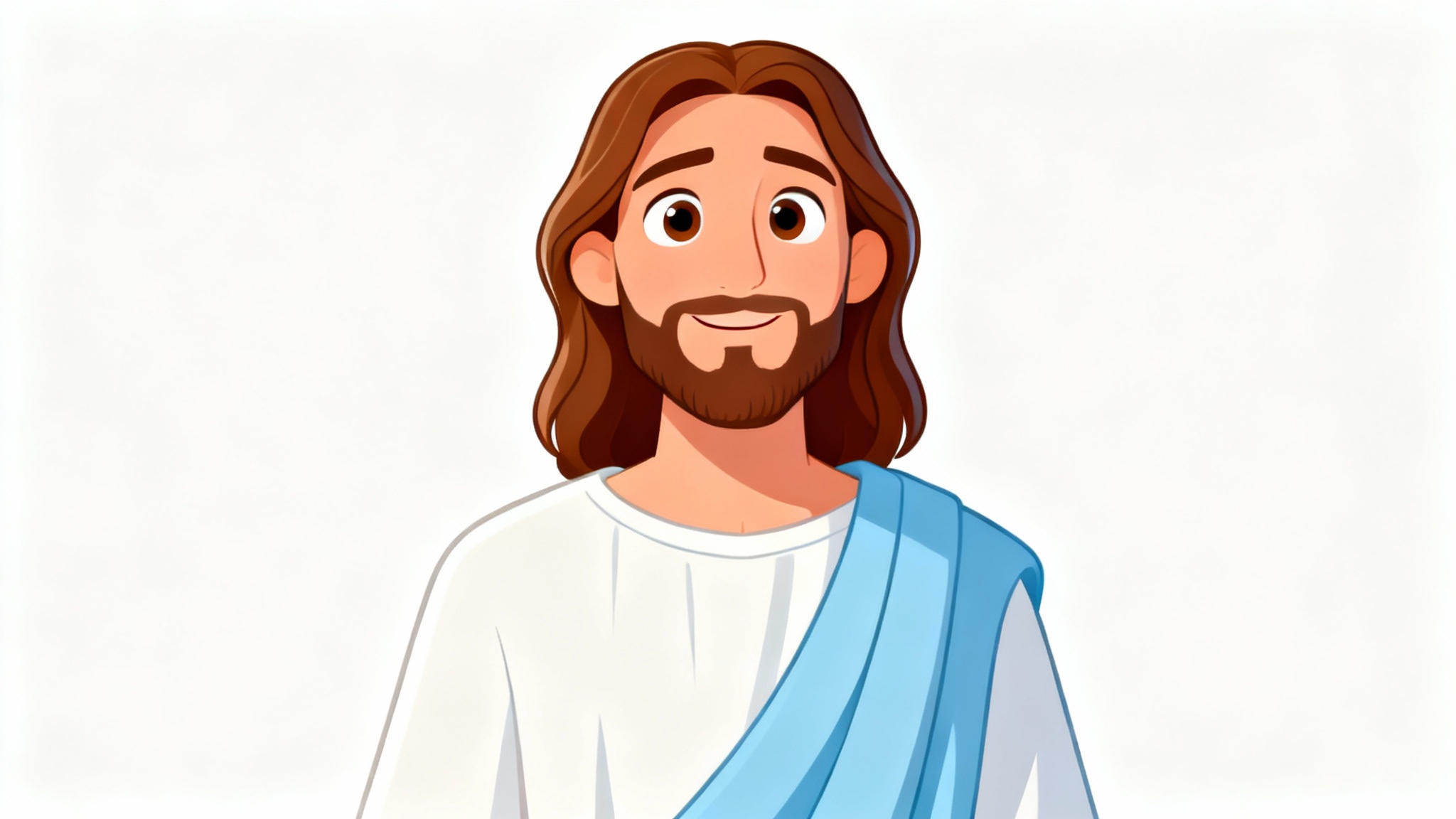 A friendly and modern cartoon drawing of Jesus with a warm smile, wearing white robes, against a clean white background.