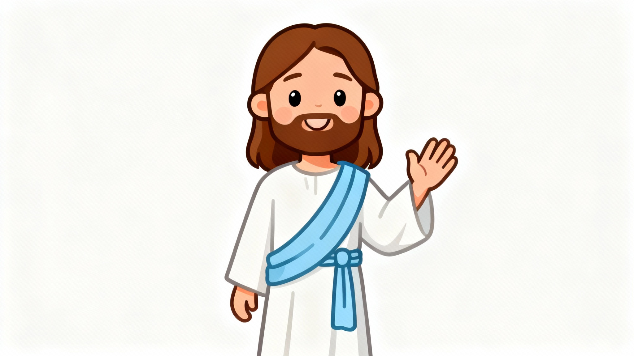 A friendly and welcoming cartoon drawing of Jesus smiling, with long brown hair and a white robe, set against a clean white background.