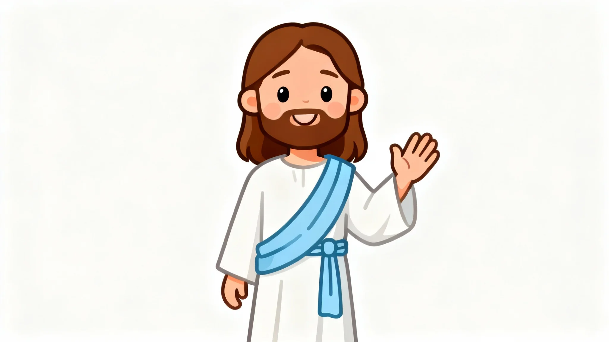 A friendly and welcoming cartoon drawing of Jesus smiling, with long brown hair and a white robe, set against a clean white background.