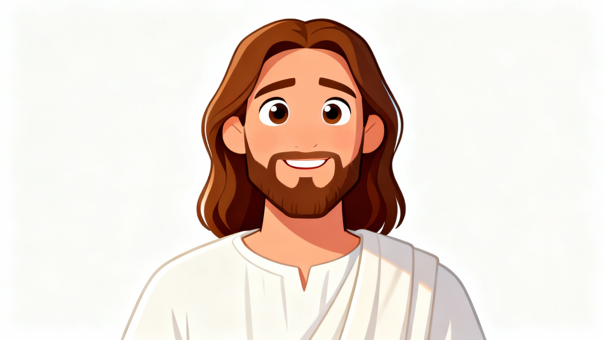 A modern cartoon drawing of Jesus with a kind smile and flowing brown hair, shown from the chest up against a plain white background.