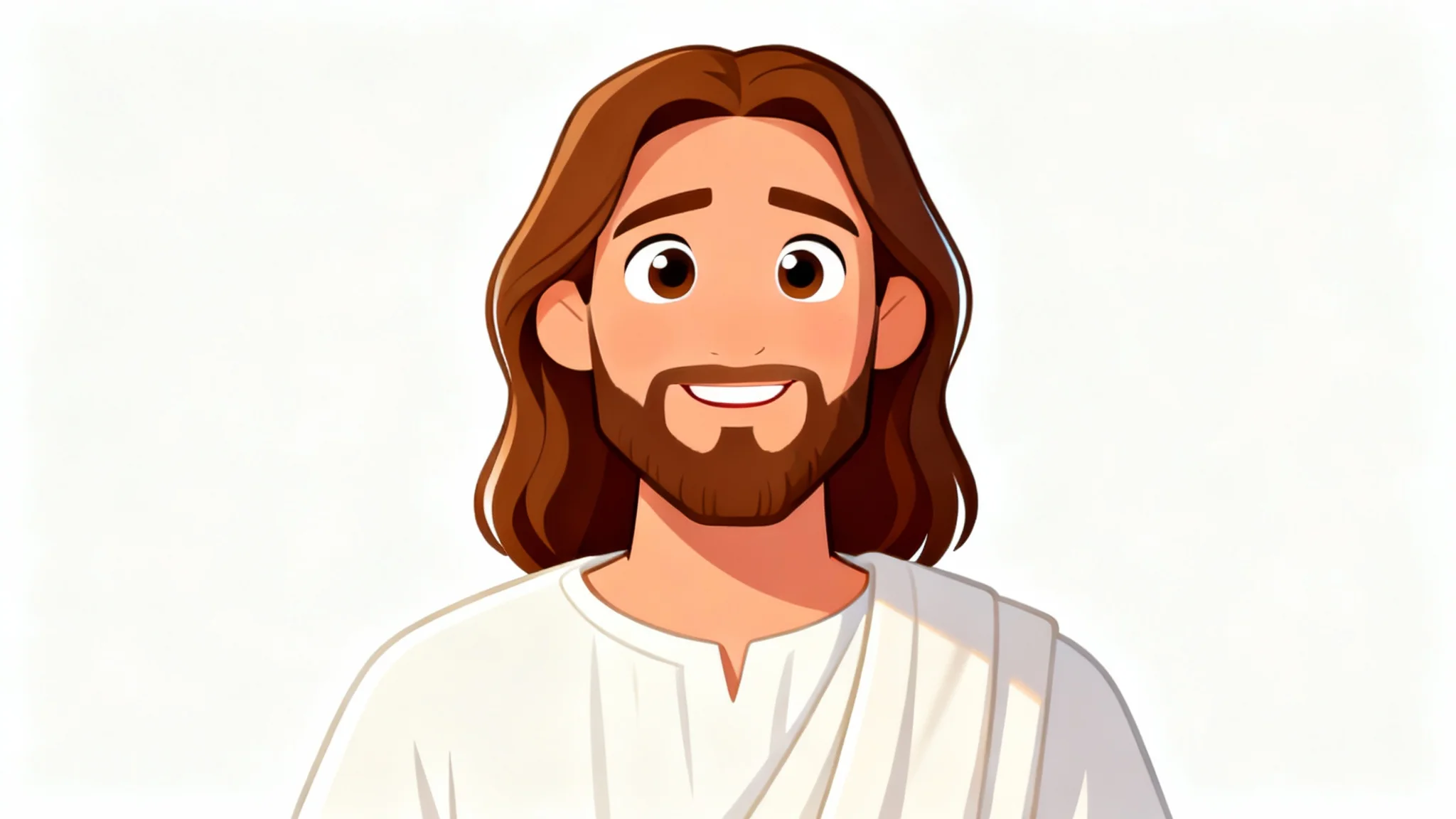 A modern cartoon drawing of Jesus with a kind smile and flowing brown hair, shown from the chest up against a plain white background.