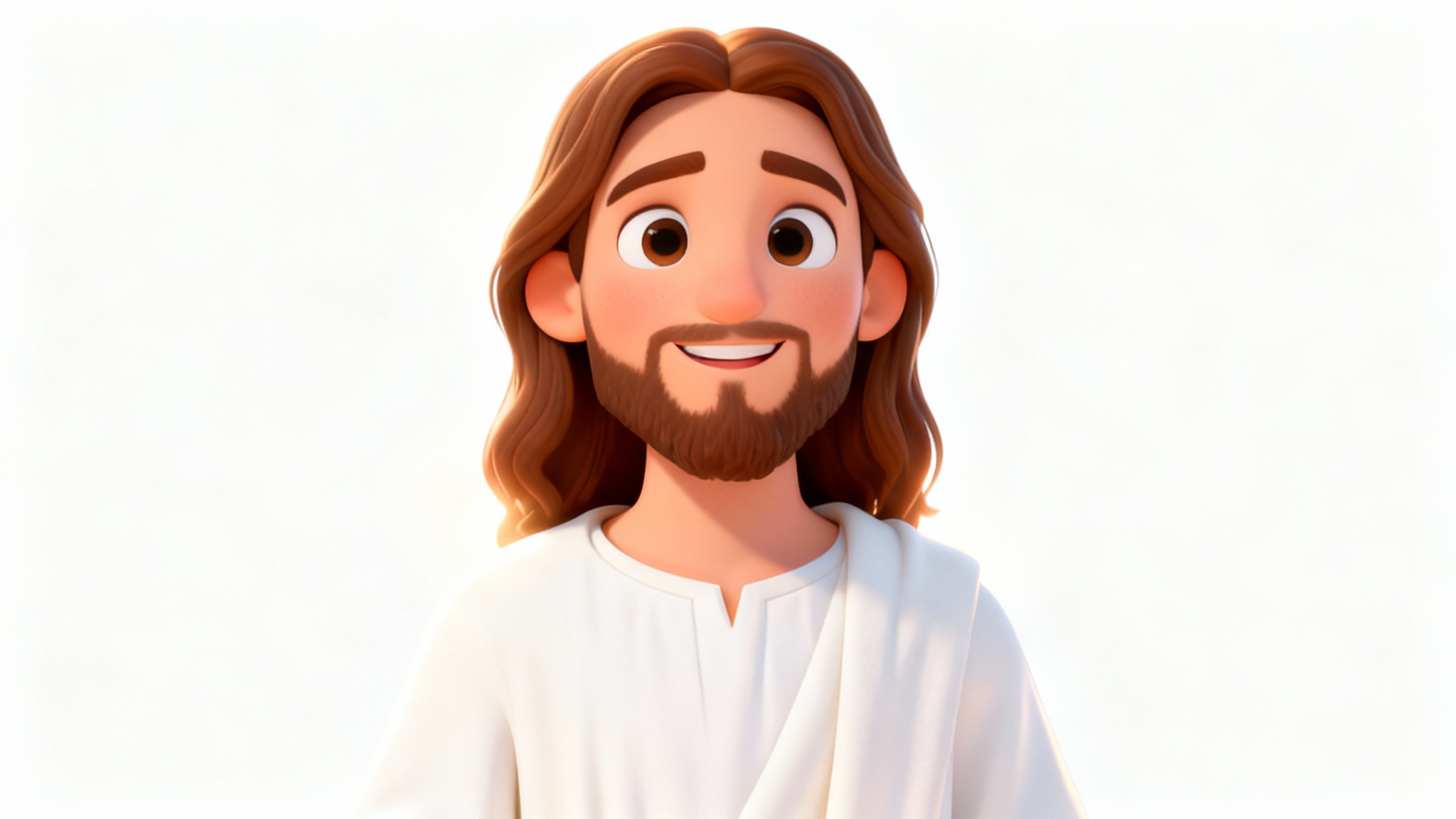 A friendly cartoon drawing of Jesus with long brown hair and a beard, smiling warmly against a solid white background.