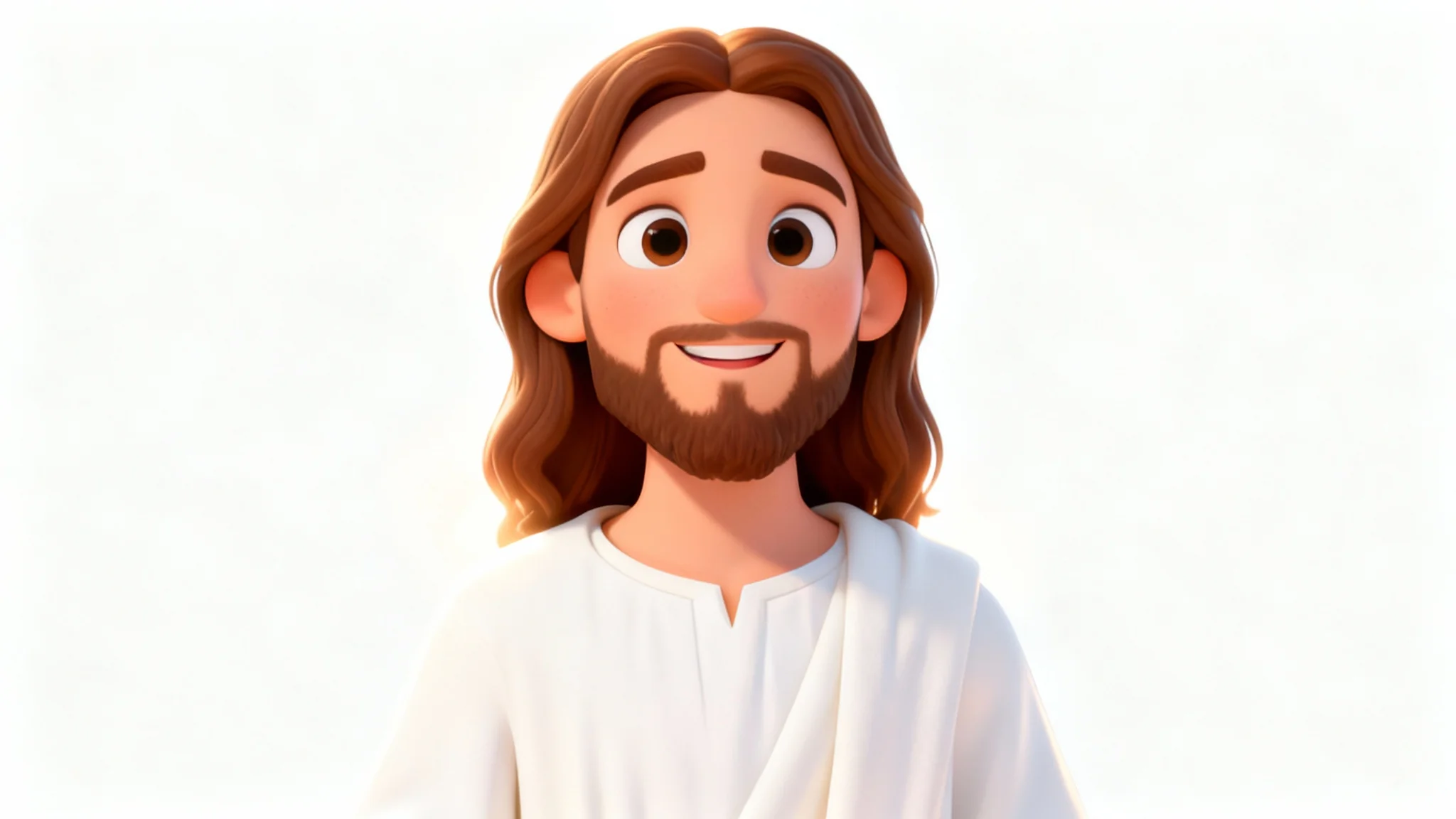 A friendly cartoon drawing of Jesus with long brown hair and a beard, smiling warmly against a solid white background.