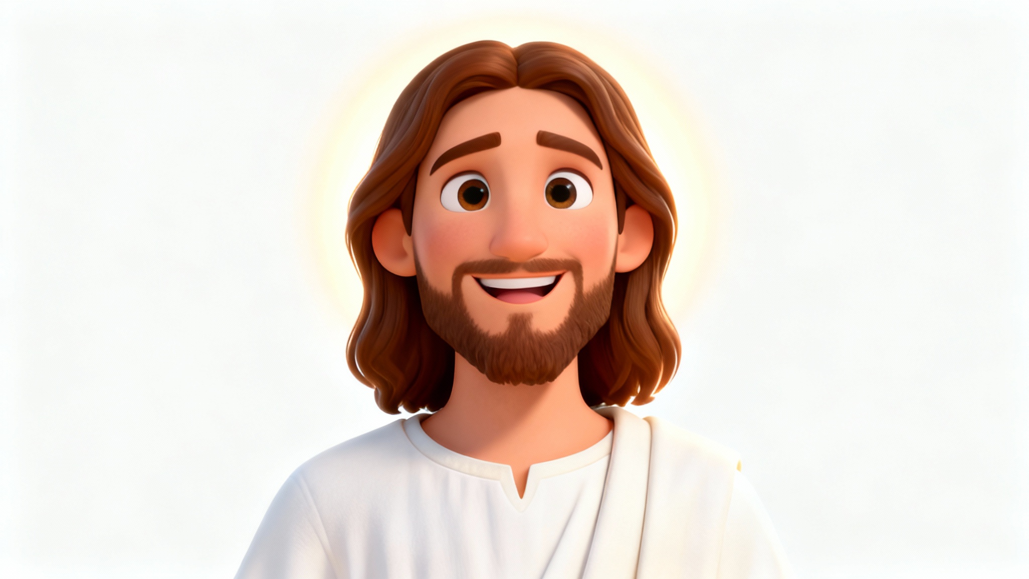 A friendly cartoon drawing of Jesus with a kind smile and wearing white robes, illustrated in a modern, approachable style against a white background.