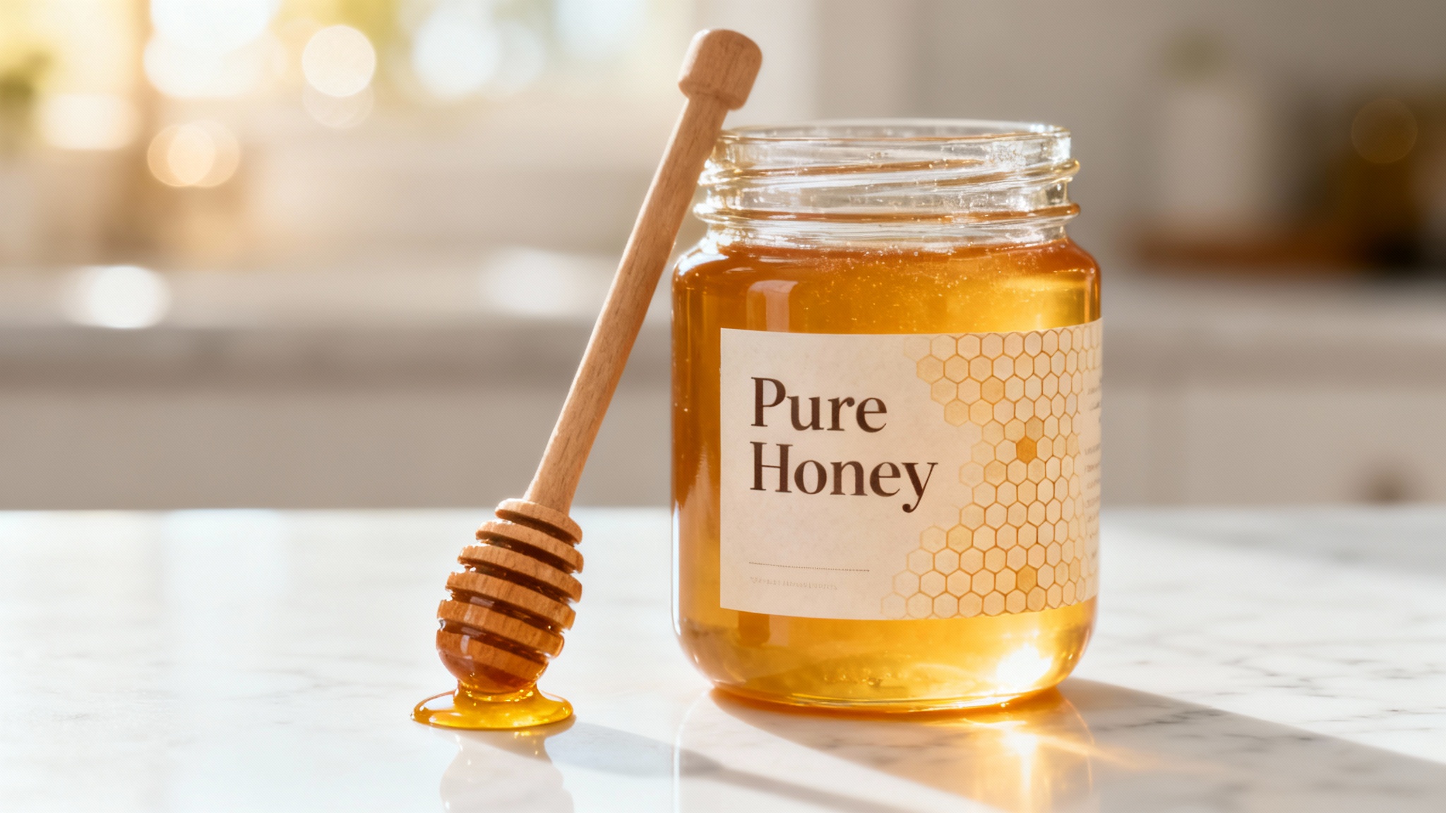 A professional product photograph of a glass jar of honey on a marble surface. The jar's label is designed with a seamless honeycomb texture and the words 'Pure Honey'.
