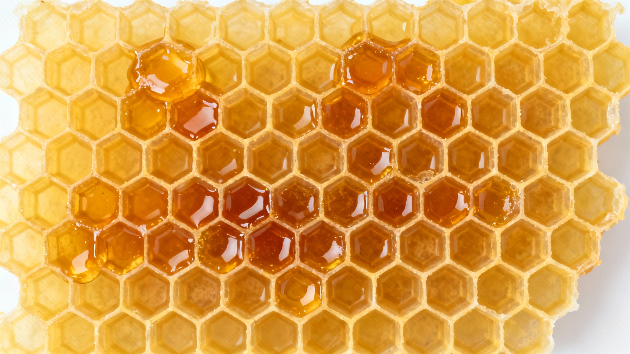 A photorealistic, seamless honeycomb texture with golden hexagonal cells, some filled with glistening amber honey, on a clean white background.