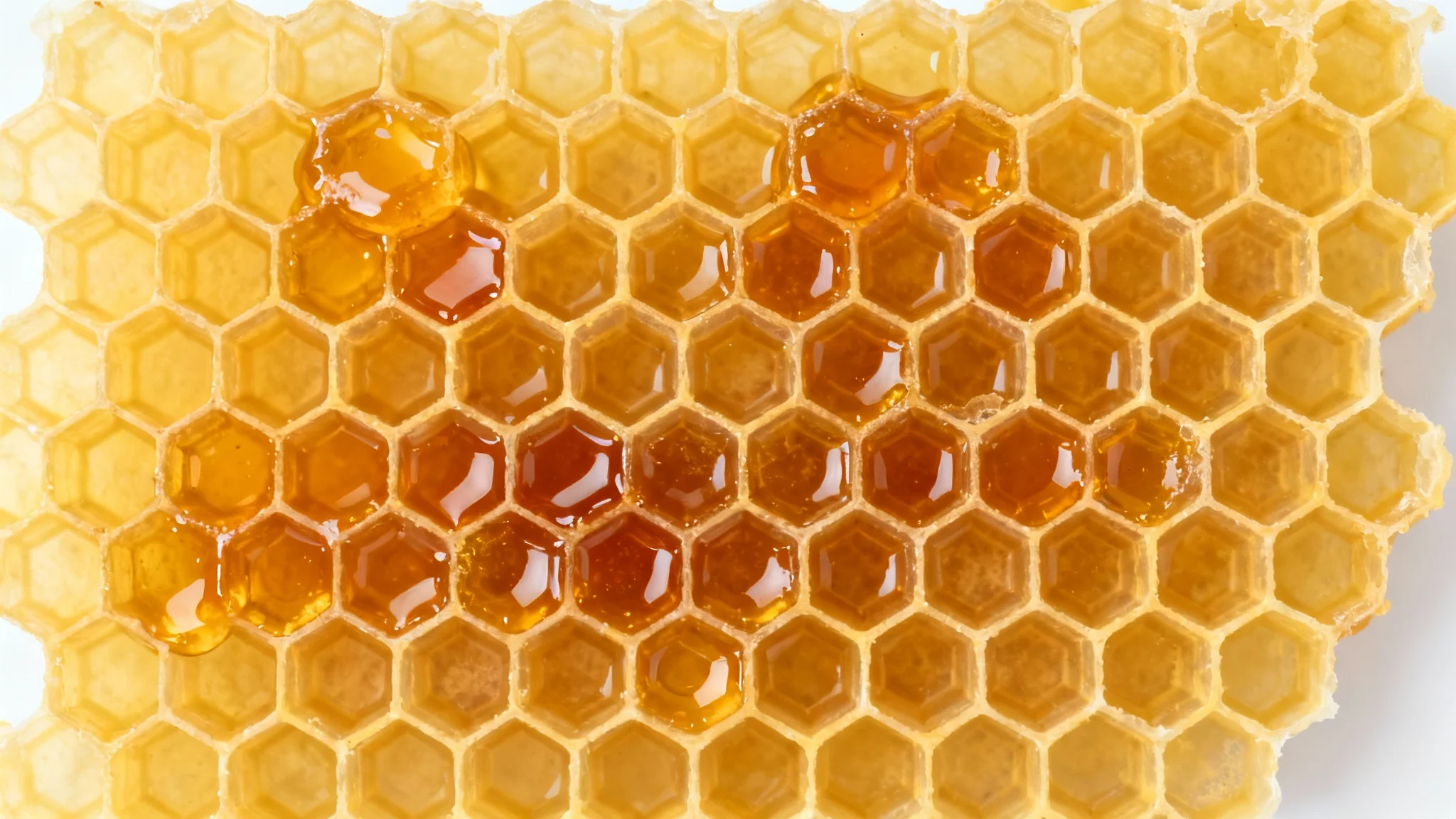 A photorealistic, seamless honeycomb texture with golden hexagonal cells, some filled with glistening amber honey, on a clean white background.