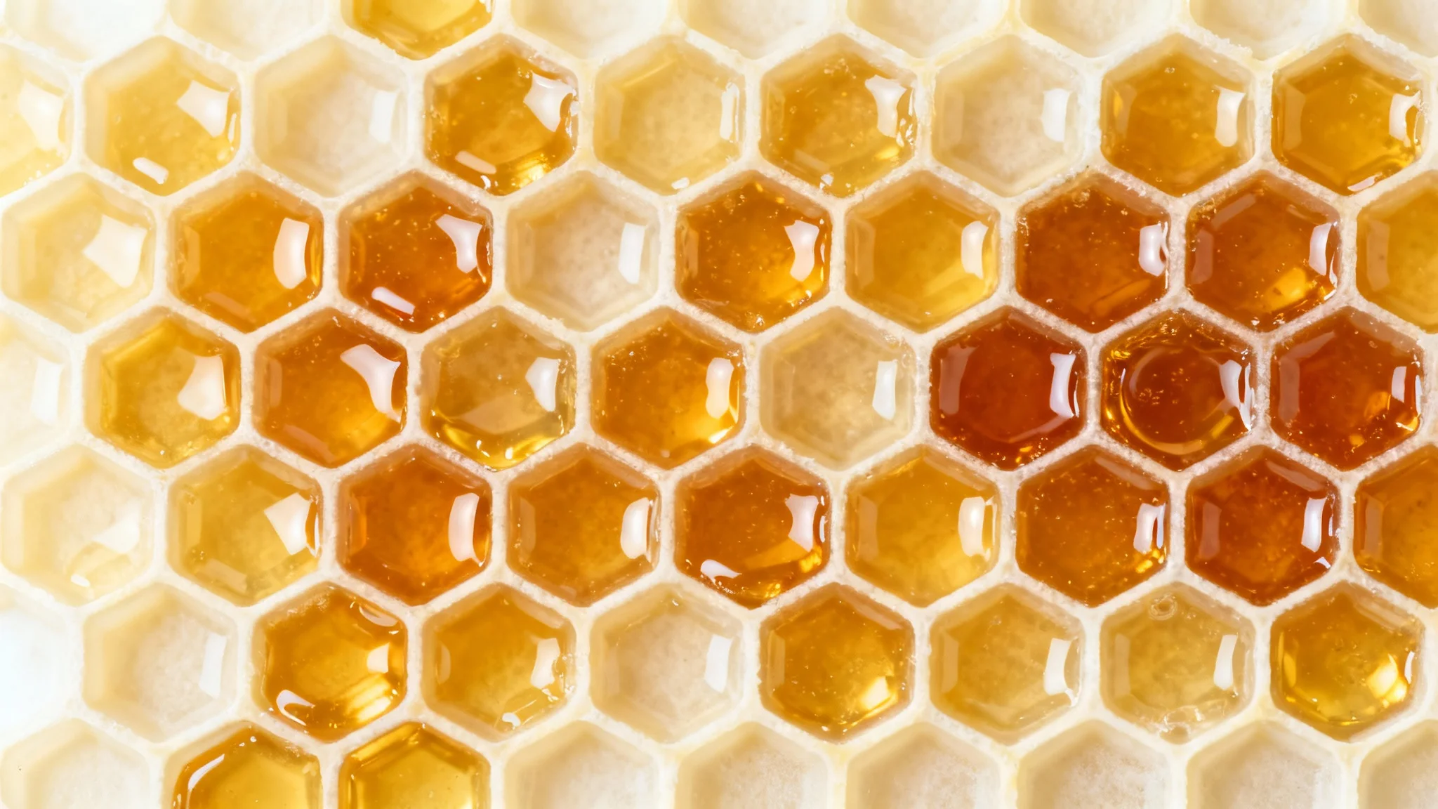 A photorealistic, seamless texture of a honeycomb, viewed from the top-down, with each hexagonal cell filled with glistening golden honey.