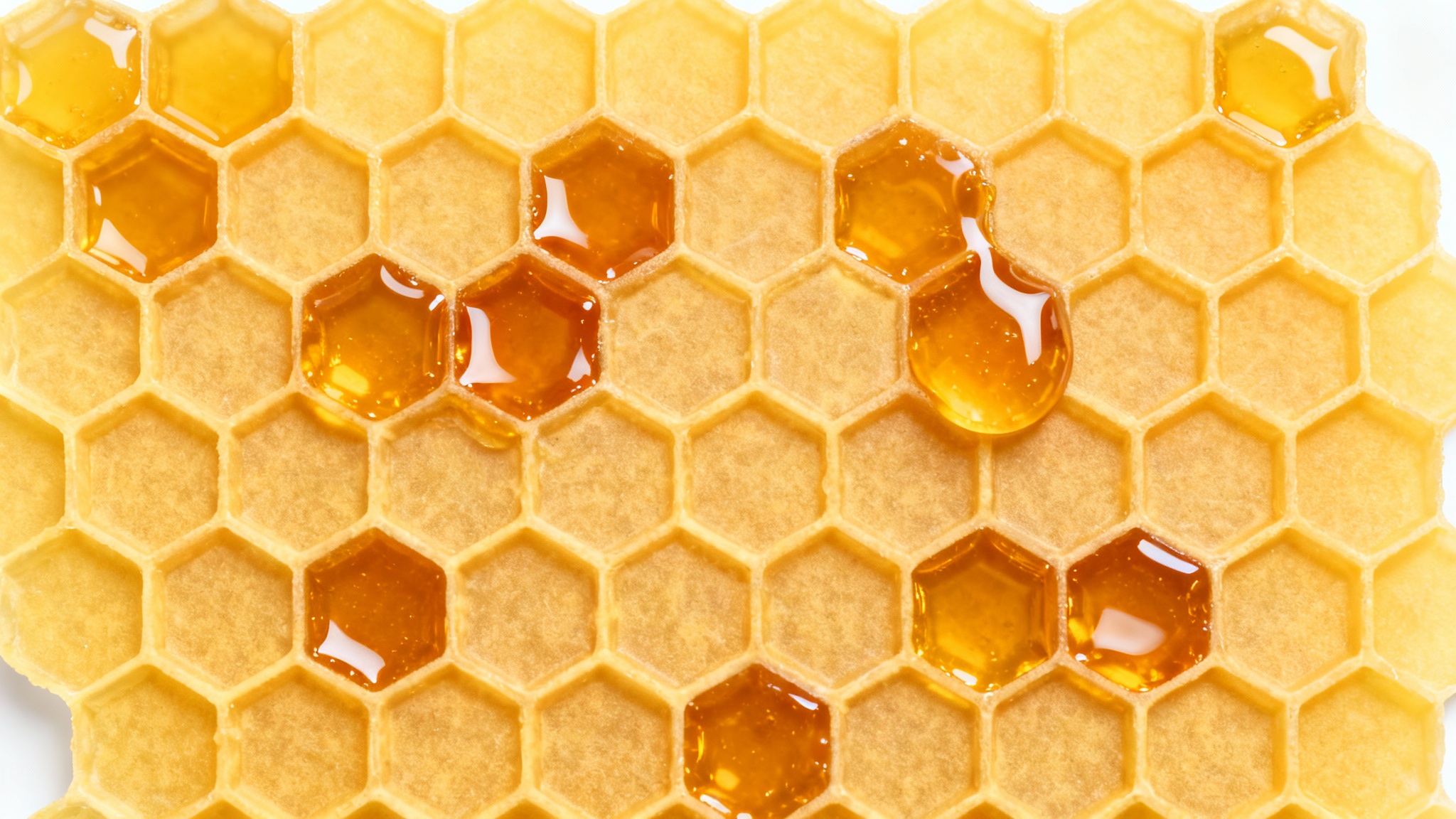 A photorealistic, seamless honeycomb texture with golden hexagonal cells, some filled with glistening honey, shown against a plain white background.