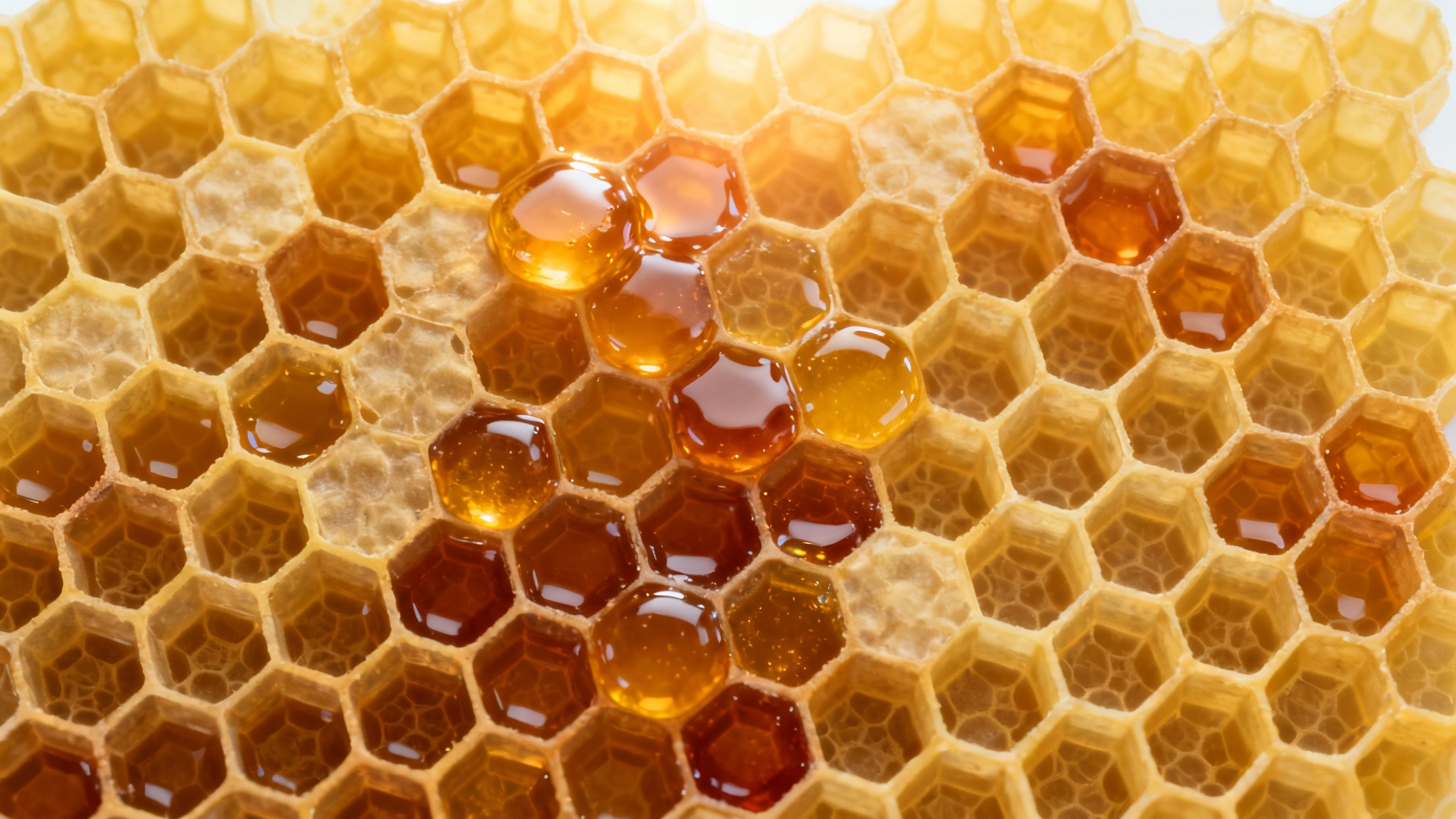A photorealistic, seamless texture of a golden honeycomb pattern, with some cells filled with glistening honey, presented on a clean white background.