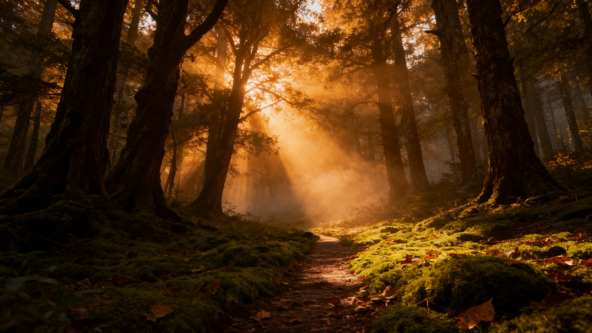 A hyper-realistic, cinematic hero image of a dense forest, where dramatic golden sunbeams break through the trees, illuminating the mist and a mossy path on the ground, creating a magical effect.