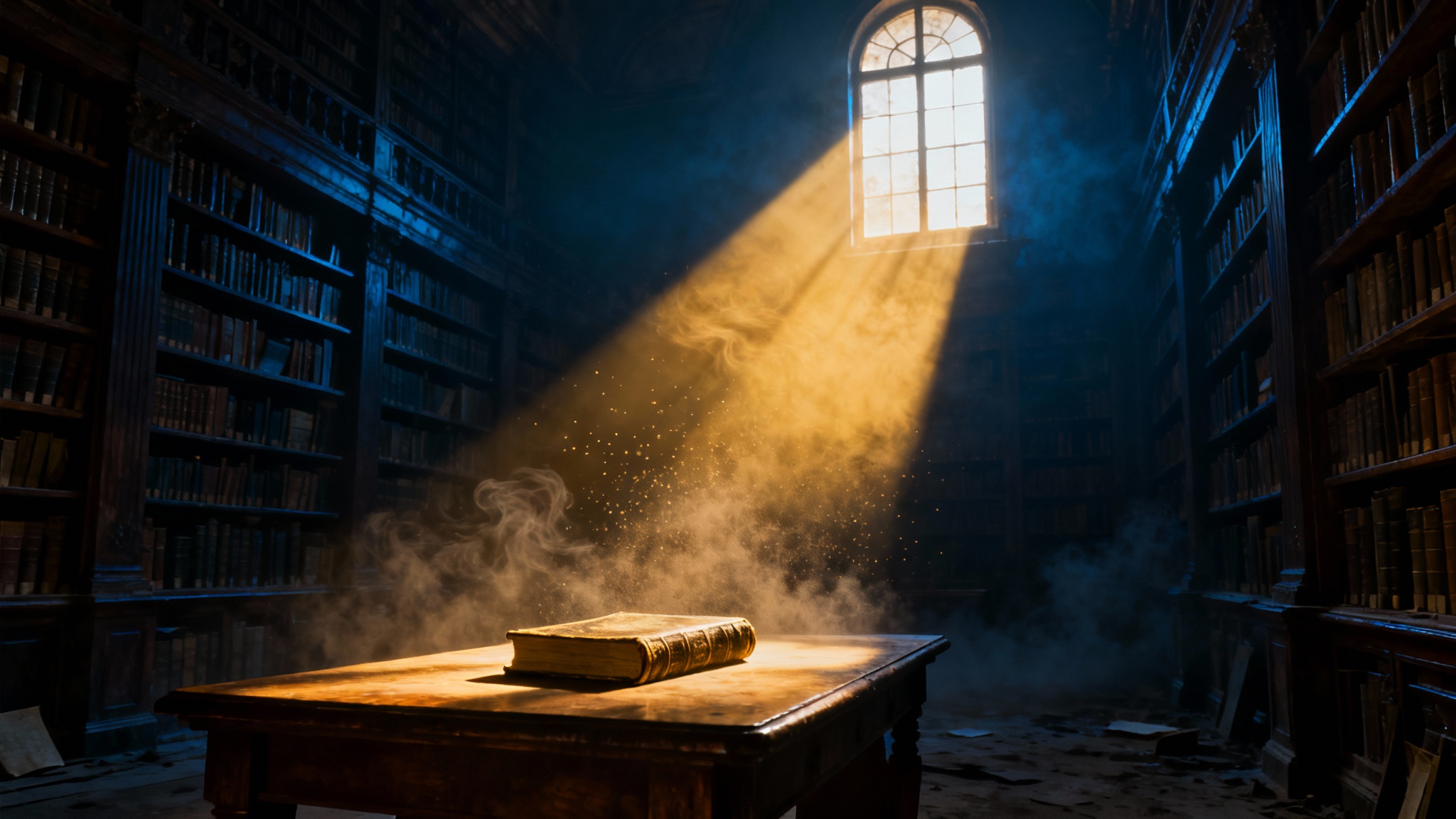 A dramatic image showing cinematic light rays. A powerful beam of sunlight shines through a high window into a dark, dusty library, creating visible shafts of golden light.