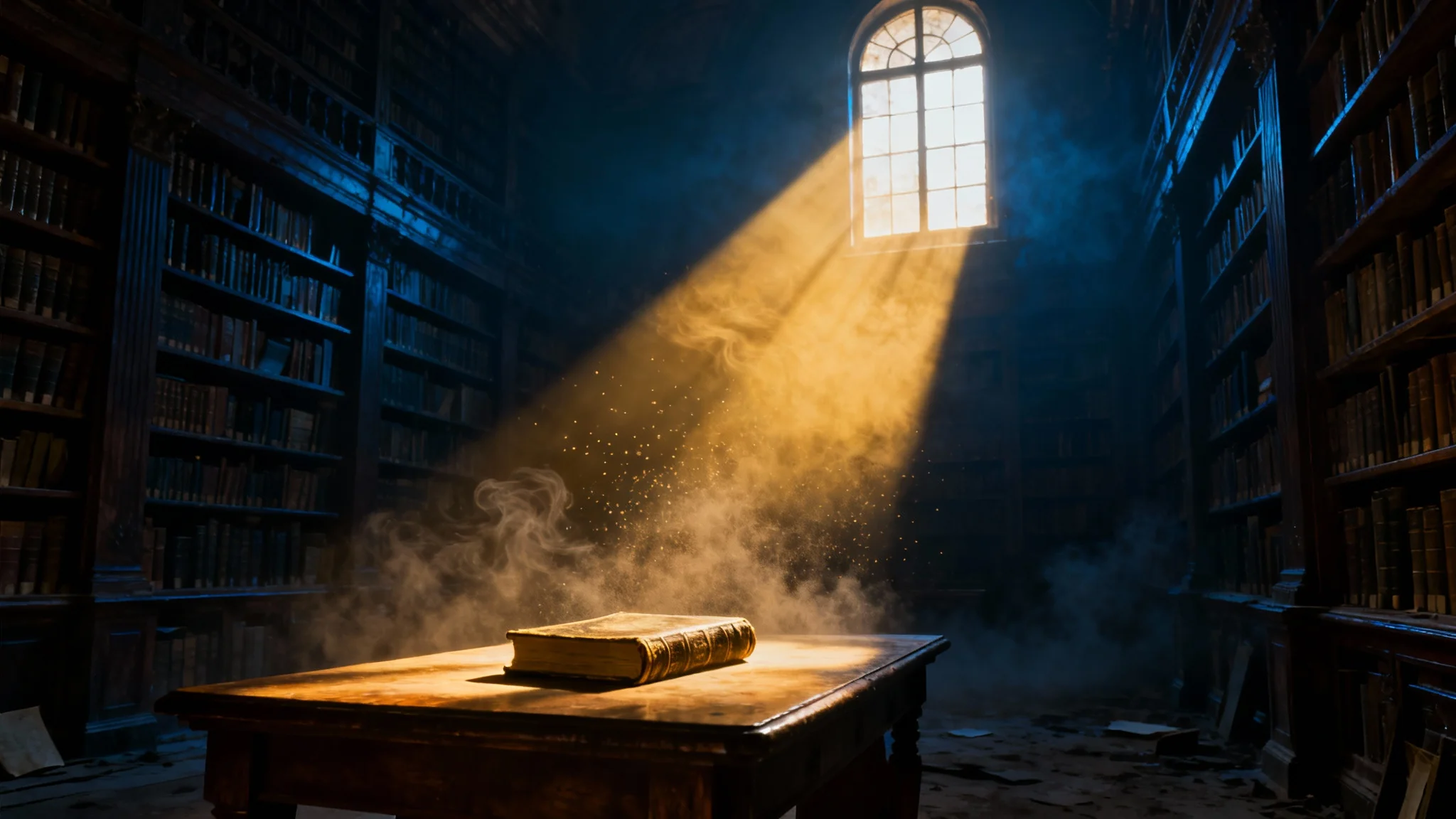 A dramatic image showing cinematic light rays. A powerful beam of sunlight shines through a high window into a dark, dusty library, creating visible shafts of golden light.