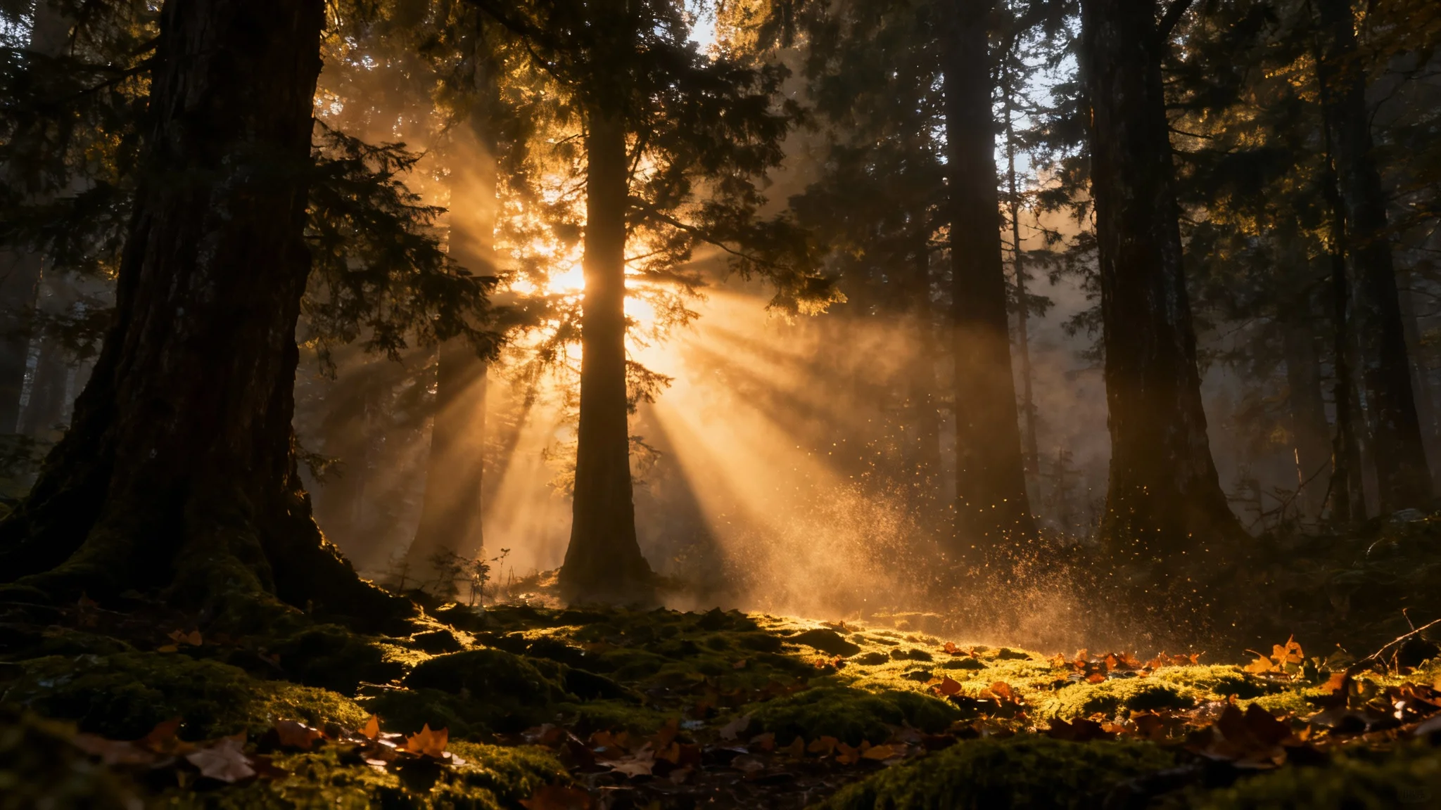 A breathtaking cinematic scene of golden sunbeams piercing through the morning mist in a dense, ancient forest, creating visible rays of light.