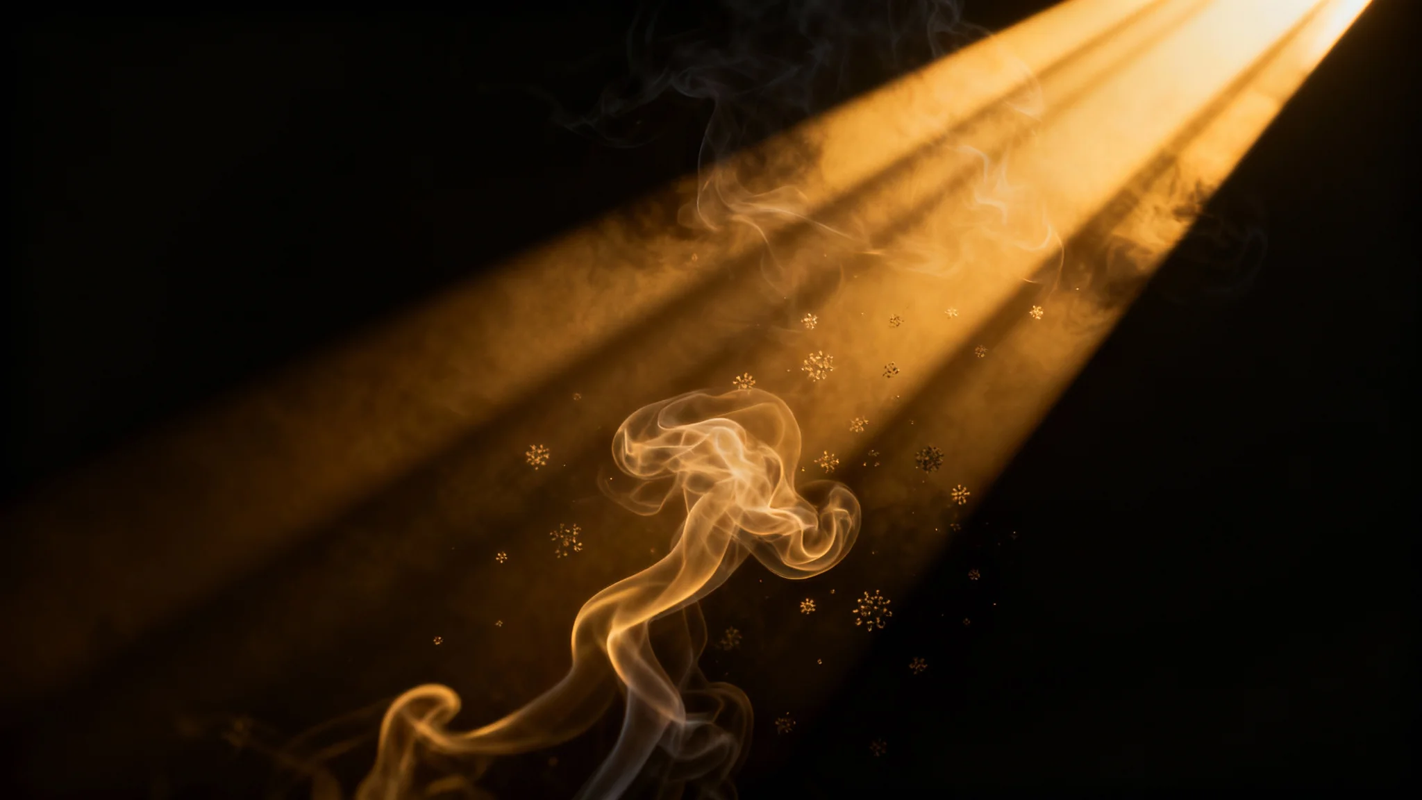 A dramatic, cinematic-style image showing beams of golden light cutting through a dark, hazy atmosphere, illustrating the effect of volumetric light rays.