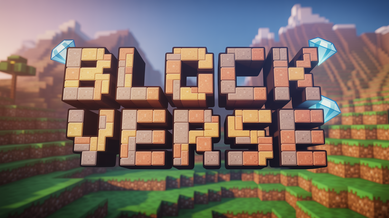 A 3D logo for a game, reading 'BLOCKVERSE', designed in the blocky, pixelated style of Minecraft, set against a stylized landscape.