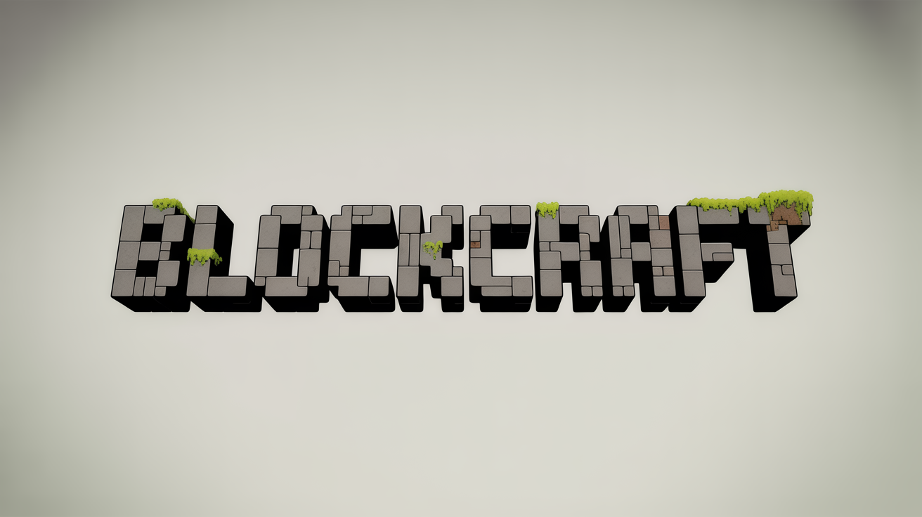 A 3D logo for 'BLOCKCRAFT' designed in a pixelated, blocky style similar to Minecraft, made of chiseled stone with moss, on a white background.